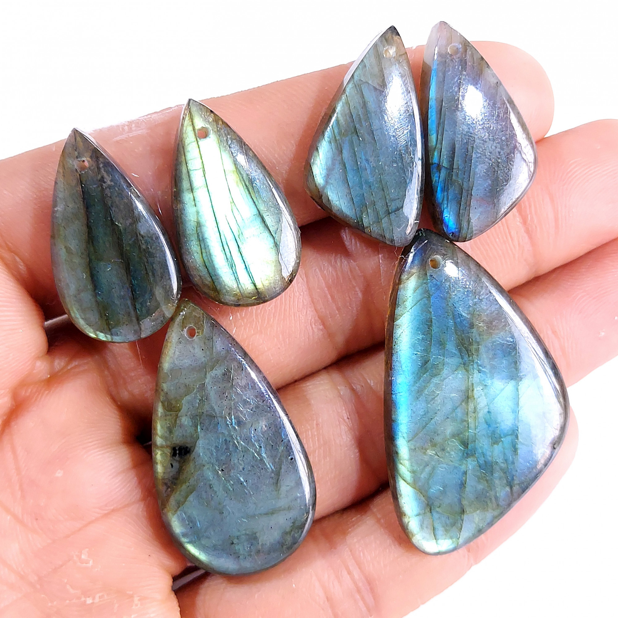 2 Sets 132 Cts Natural Multi Flash Labradorite 3 Pcs Set Front Drill For Earring and Pendant Making Gift For Women Silver Jewelry 15165