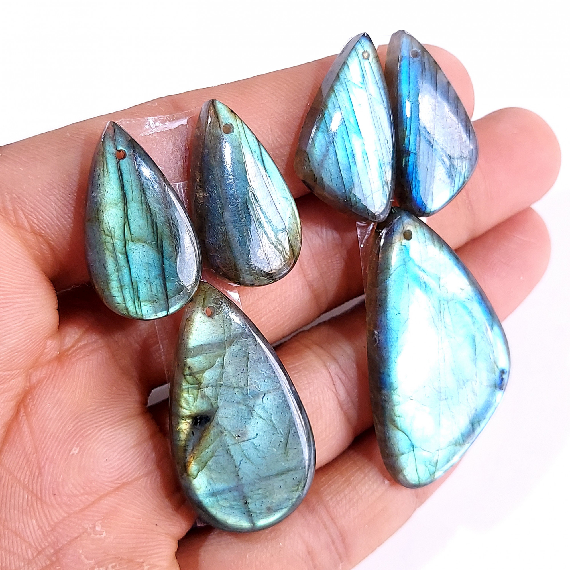 2 Sets 132 Cts Natural Multi Flash Labradorite 3 Pcs Set Front Drill For Earring and Pendant Making Gift For Women Silver Jewelry 15165