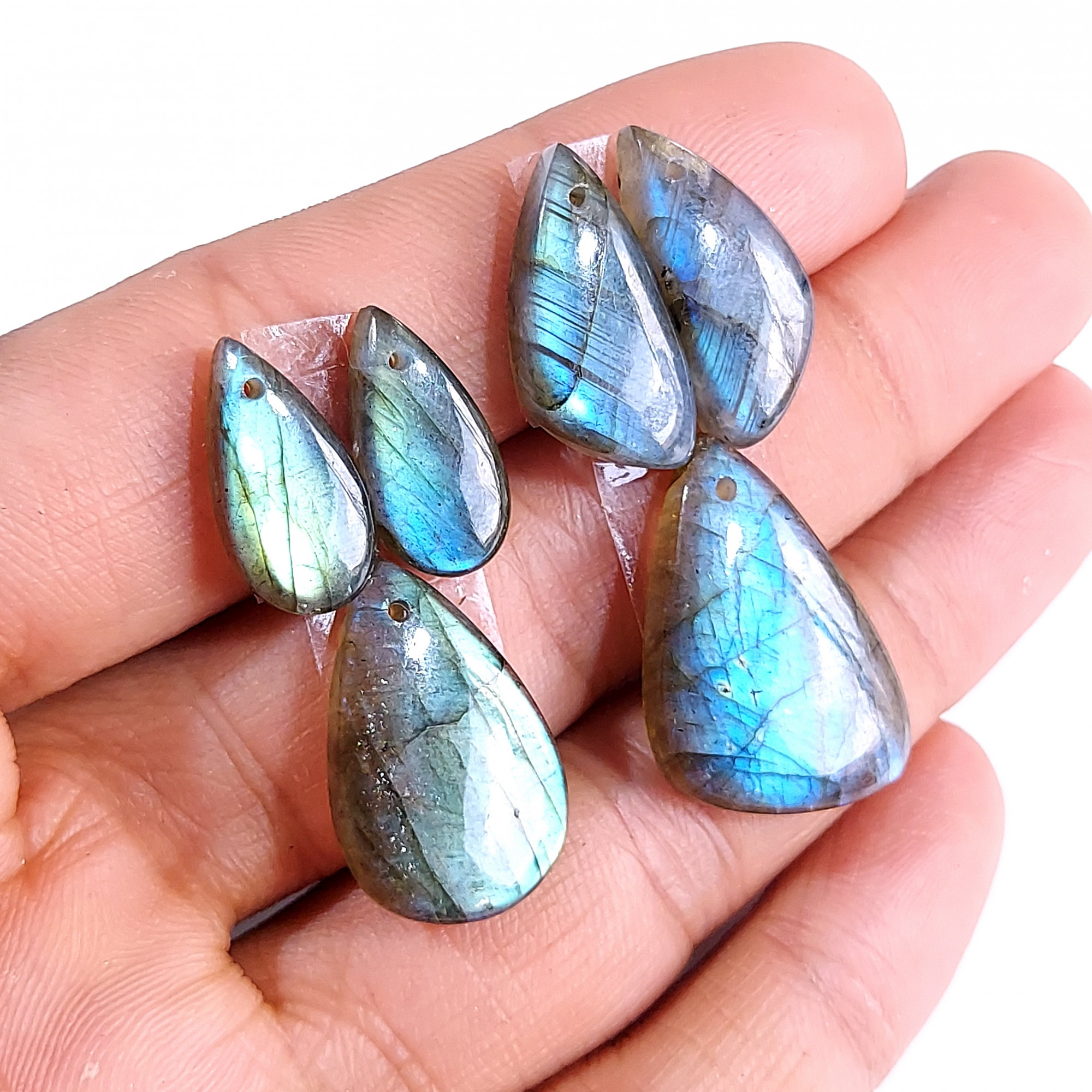 2 Sets 93 Cts Natural Multi Flash Labradorite 3 Pcs Set Front Drill For Earring and Pendant Making Gift For Women Silver Jewelry 15166-A