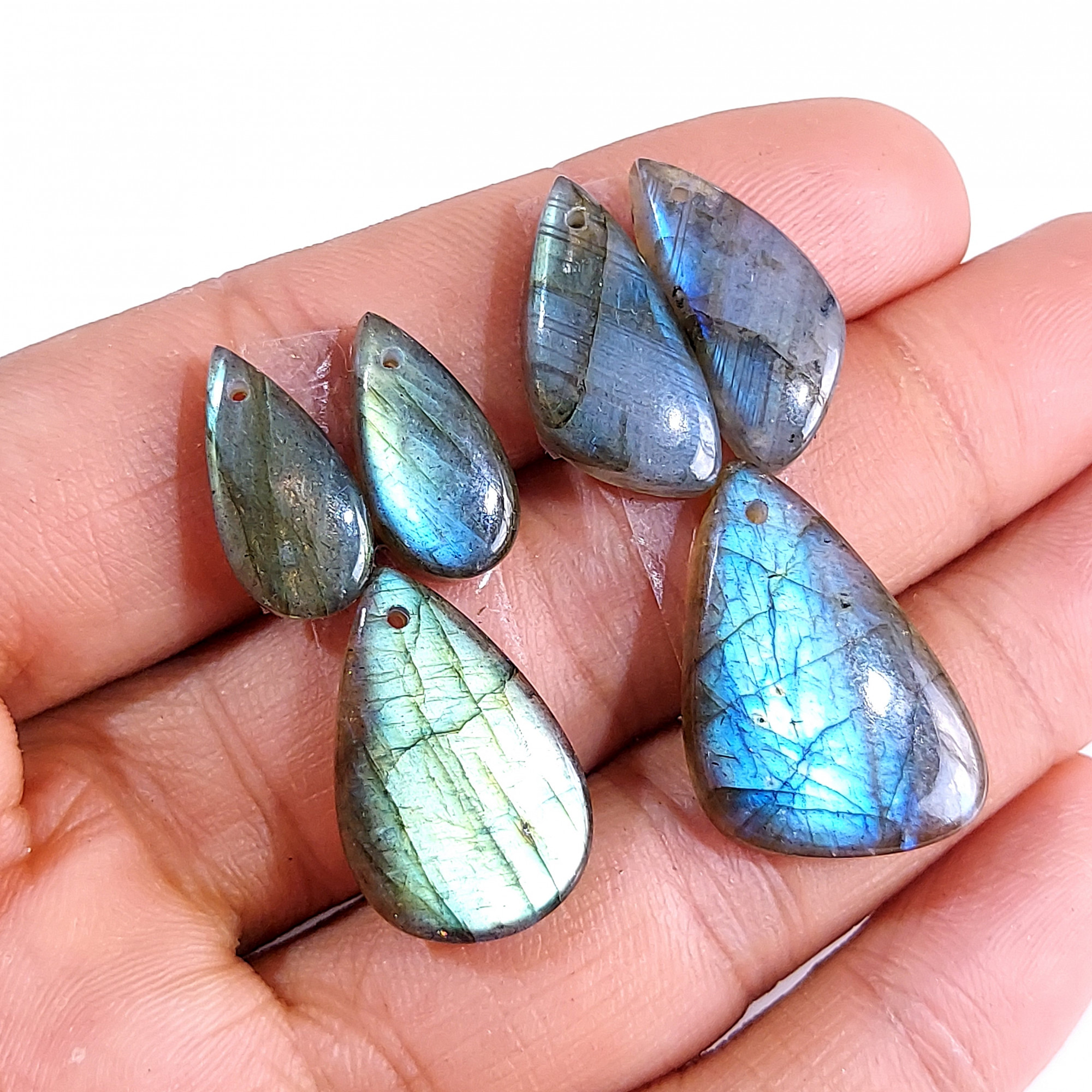 2 Sets 93 Cts Natural Multi Flash Labradorite 3 Pcs Set Front Drill For Earring and Pendant Making Gift For Women Silver Jewelry 15166-A