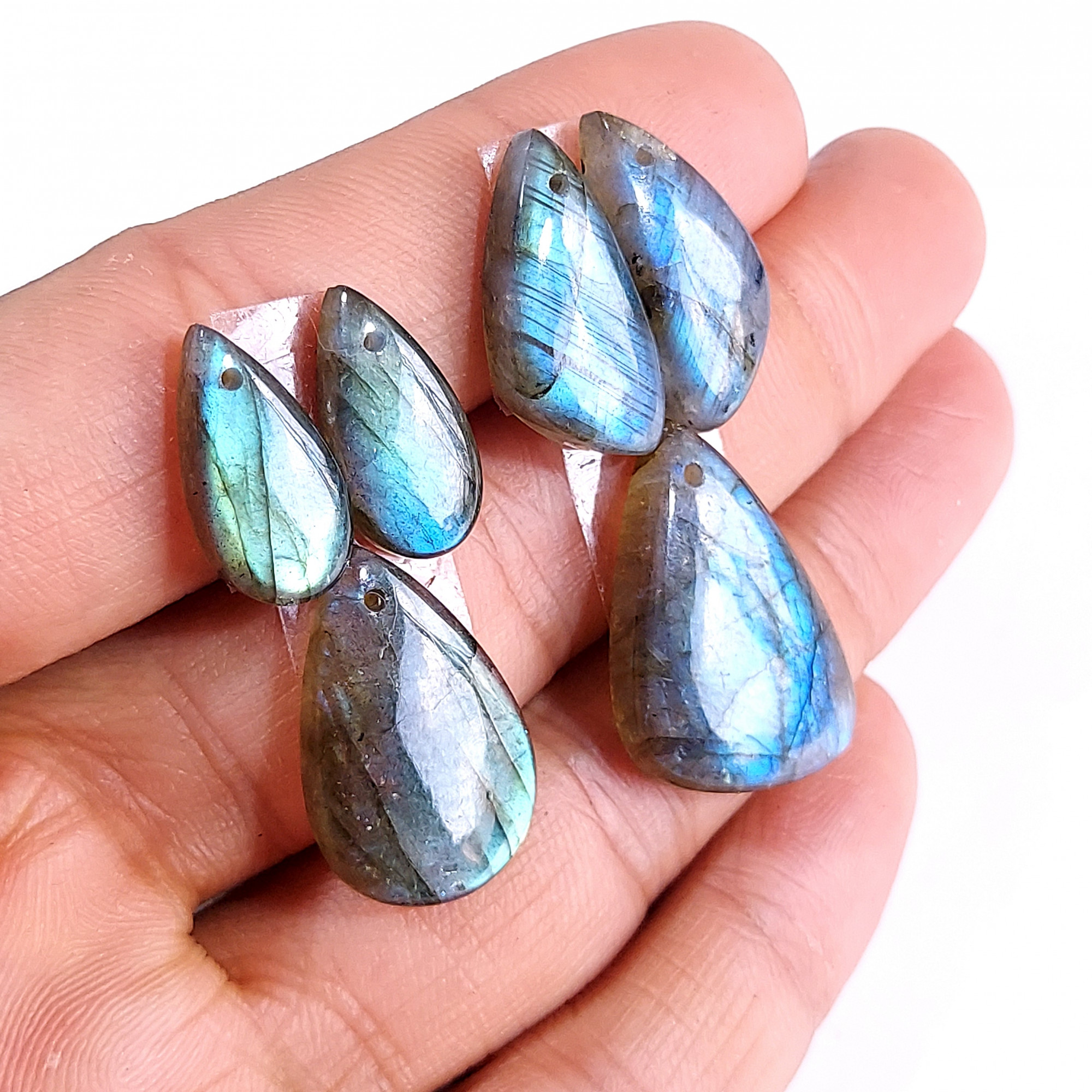 2 Sets 93 Cts Natural Multi Flash Labradorite 3 Pcs Set Front Drill For Earring and Pendant Making Gift For Women Silver Jewelry 15166-A