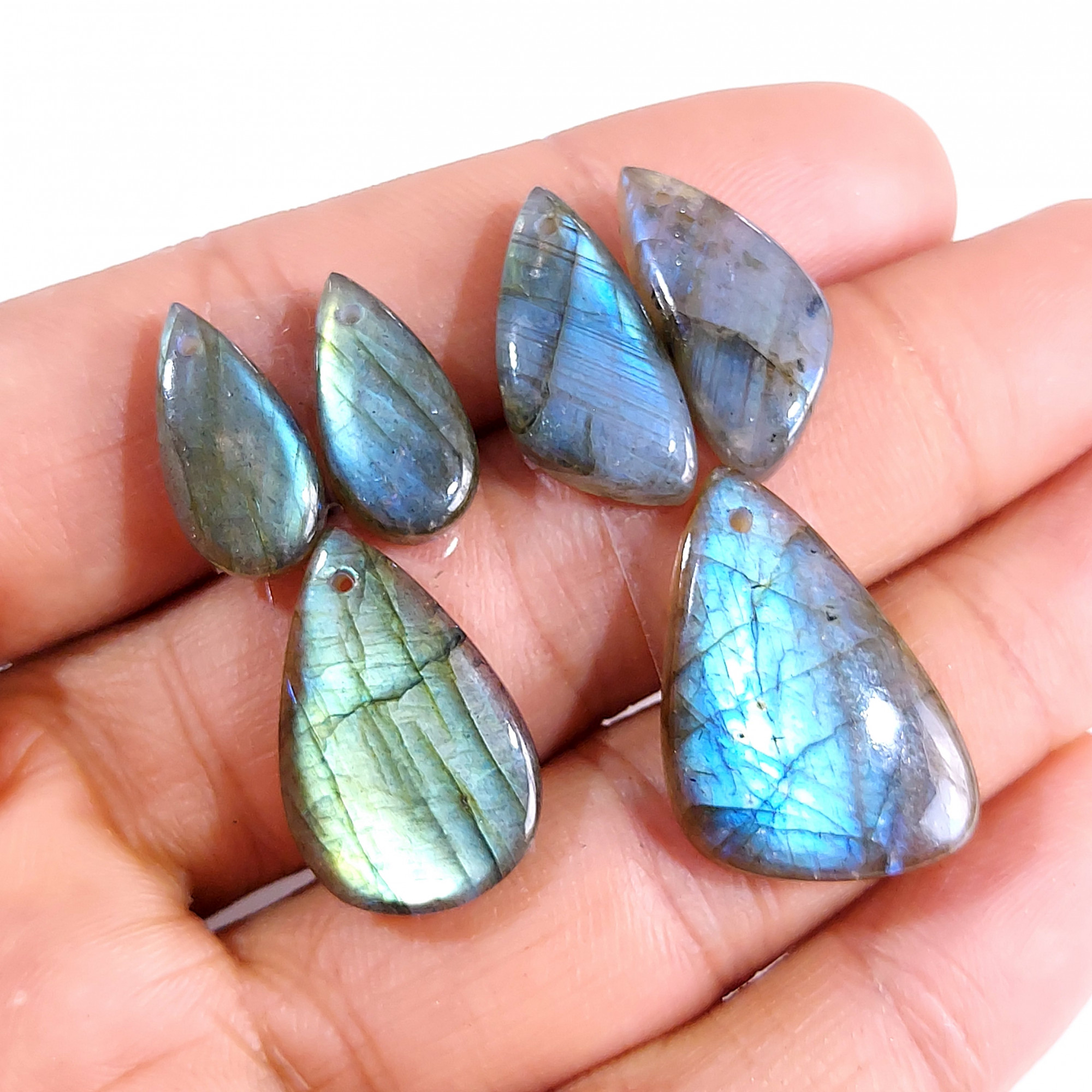 2 Sets 93 Cts Natural Multi Flash Labradorite 3 Pcs Set Front Drill For Earring and Pendant Making Gift For Women Silver Jewelry 15166-A