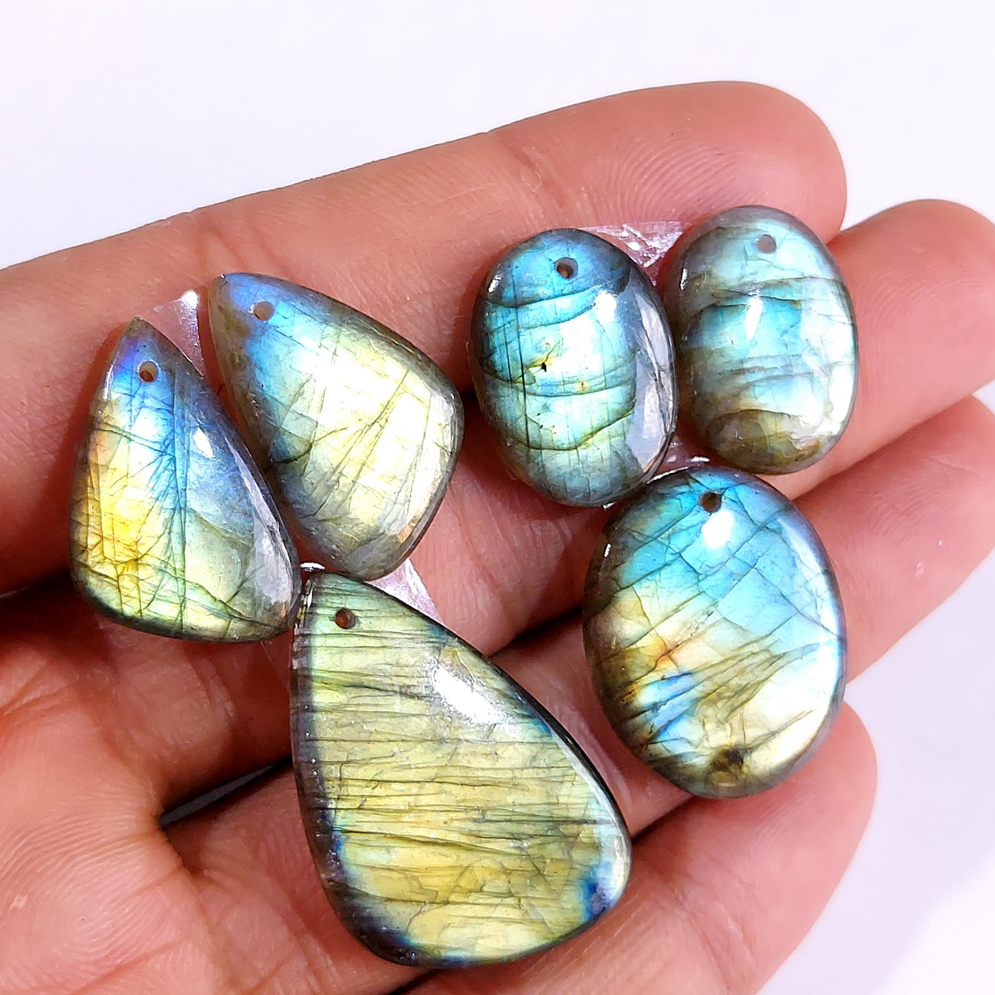 2 Sets 58 Cts Natural Multi Flash Labradorite 3 Pcs Set Front Drill For Earring and Pendant Making Gift For Women Silver Jewelry 15166-B