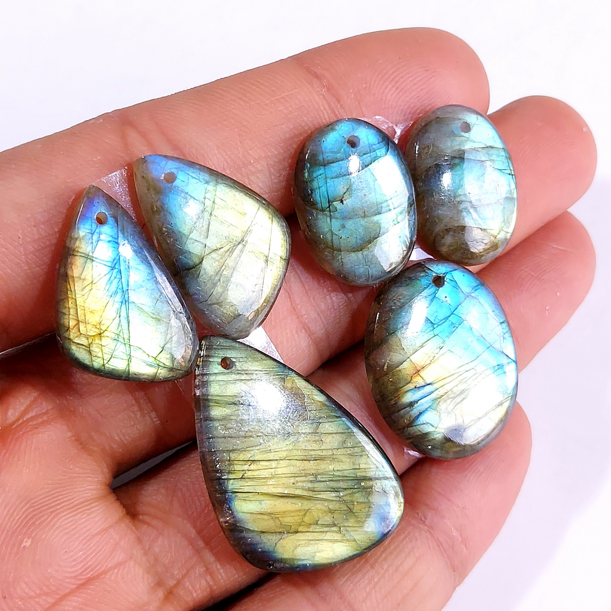 2 Sets 58 Cts Natural Multi Flash Labradorite 3 Pcs Set Front Drill For Earring and Pendant Making Gift For Women Silver Jewelry 15166-B