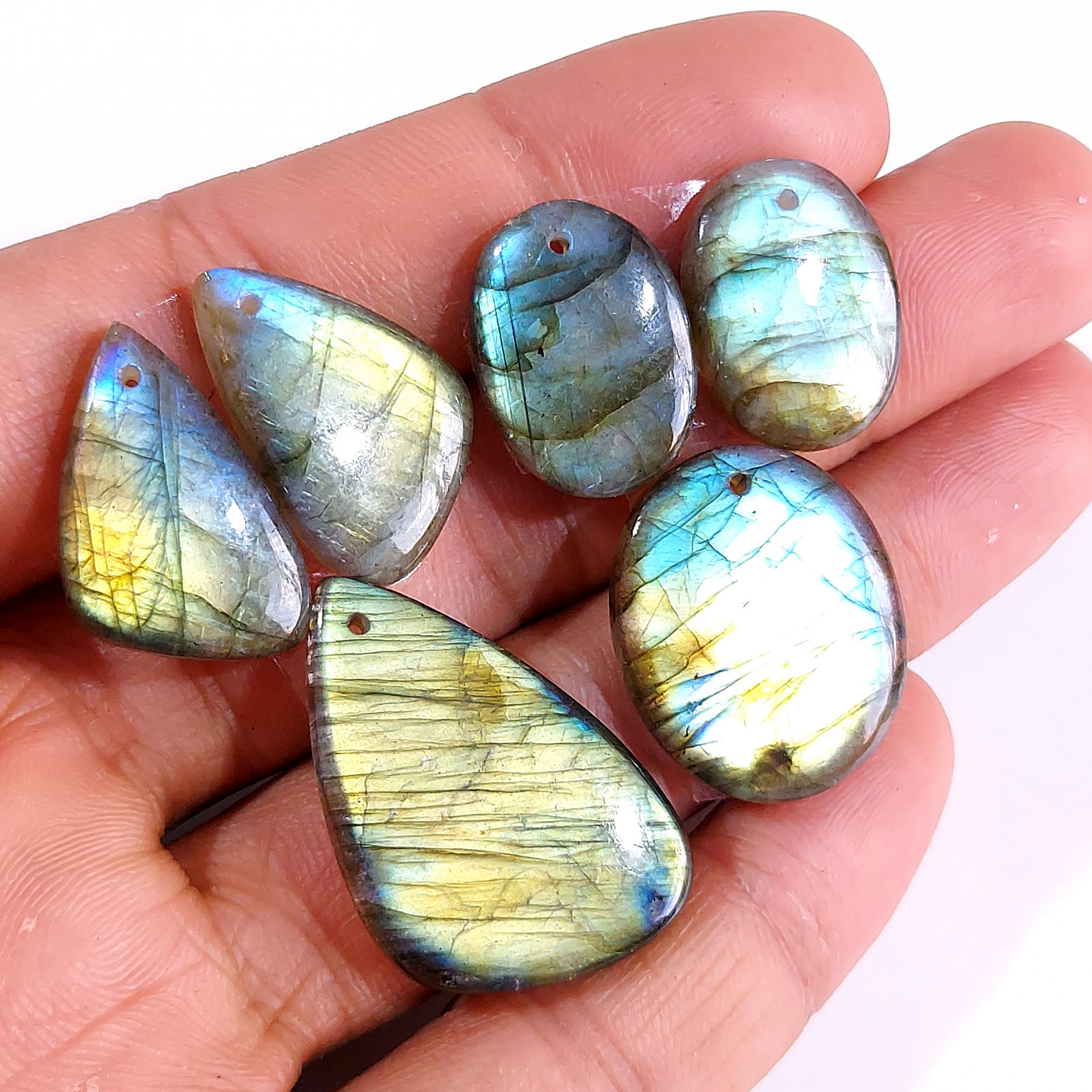 2 Sets 58 Cts Natural Multi Flash Labradorite 3 Pcs Set Front Drill For Earring and Pendant Making Gift For Women Silver Jewelry 15166-B
