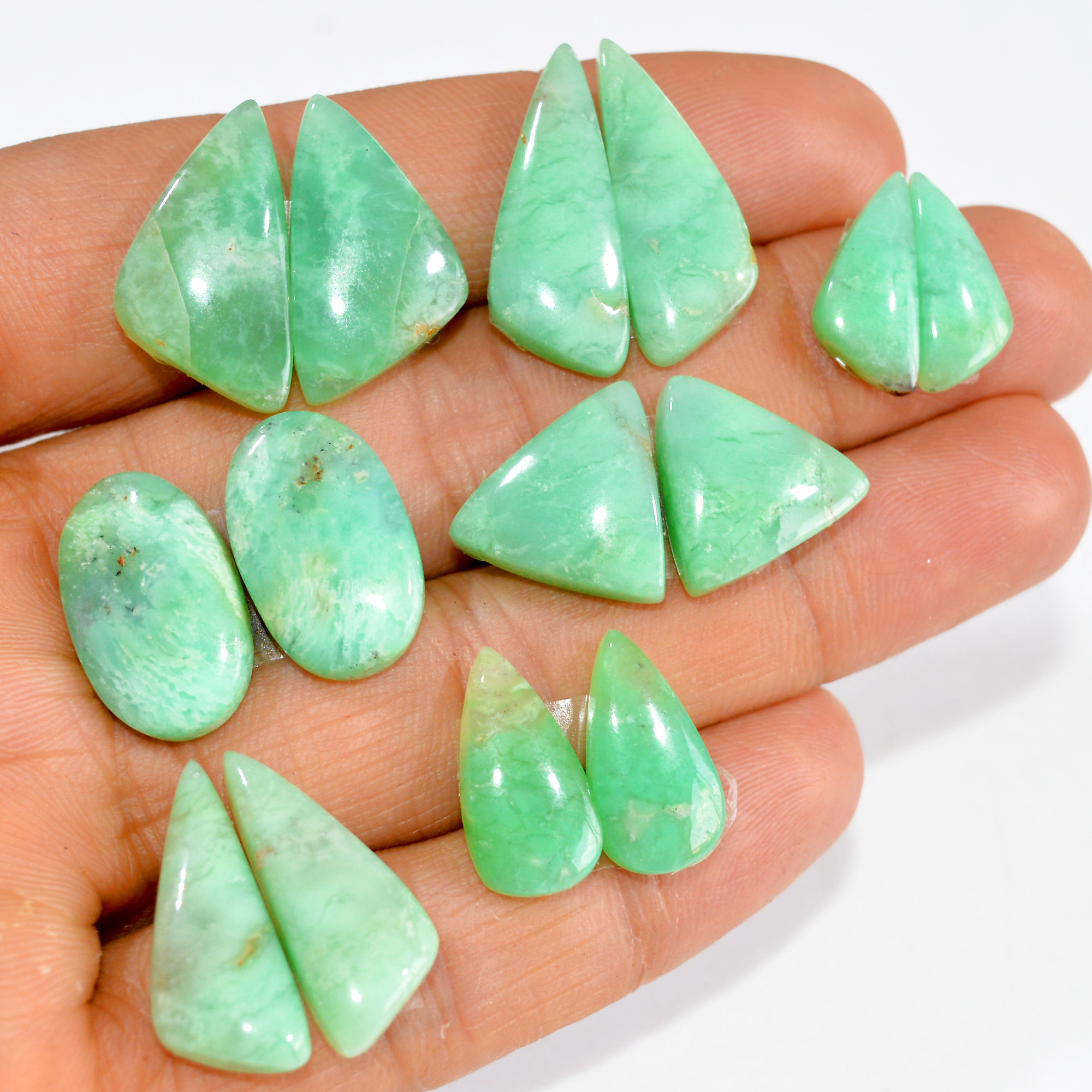 7 Pairs 107 Cts Natural Green Chrysoprase Cabochon Pair Lot Loose Gemstone Craft Supplies For Silver Jewelry Making 22x8 15x6mm 15167