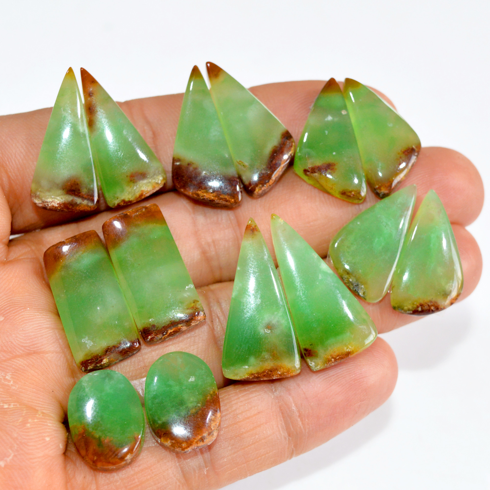 7 Pairs 148 Cts Natural Green Chrysoprase Cabochon Pair Lot Loose Gemstone Craft Supplies For Silver Jewelry Making 25x11 15x10mm 15168