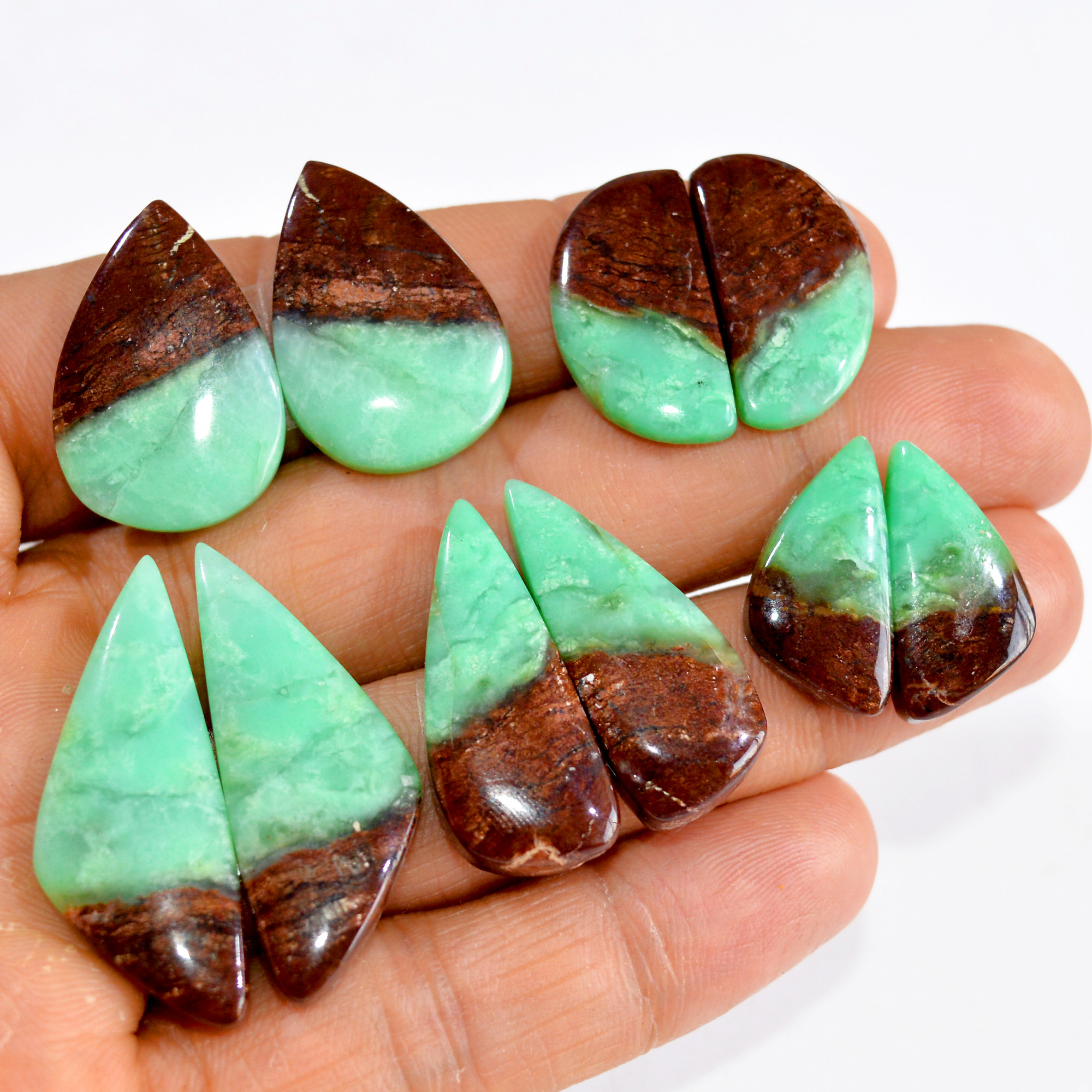5 Pairs 151 Cts Natural Green Chrysoprase Cabochon Pair Lot Loose Gemstone Craft Supplies For Silver Jewelry Making 34x12 20x10mm 15170