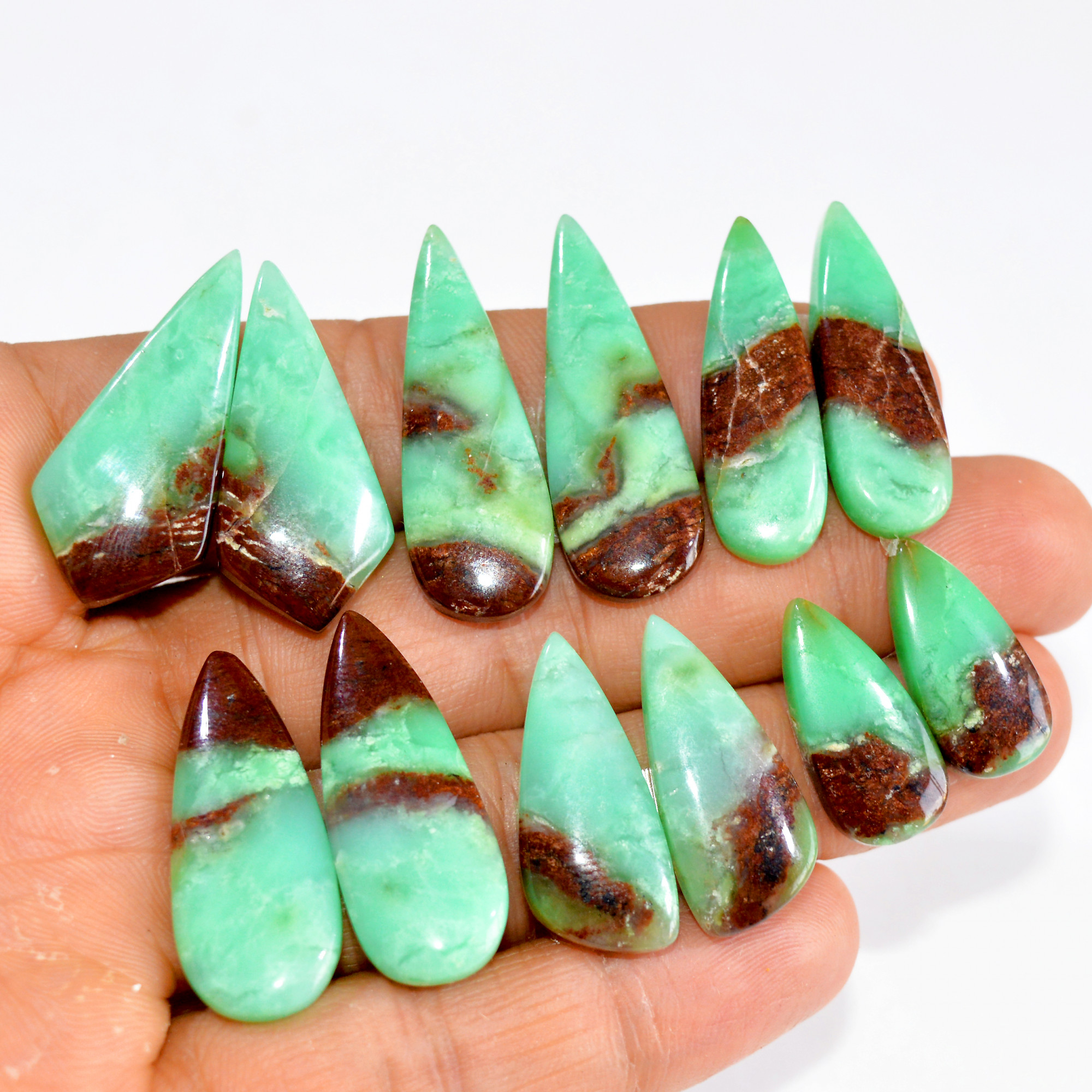 6 Pairs 159 Cts Natural Green Chrysoprase Cabochon Pair Lot Loose Gemstone Craft Supplies For Silver Jewelry Making 33x10 20x9mm 15171