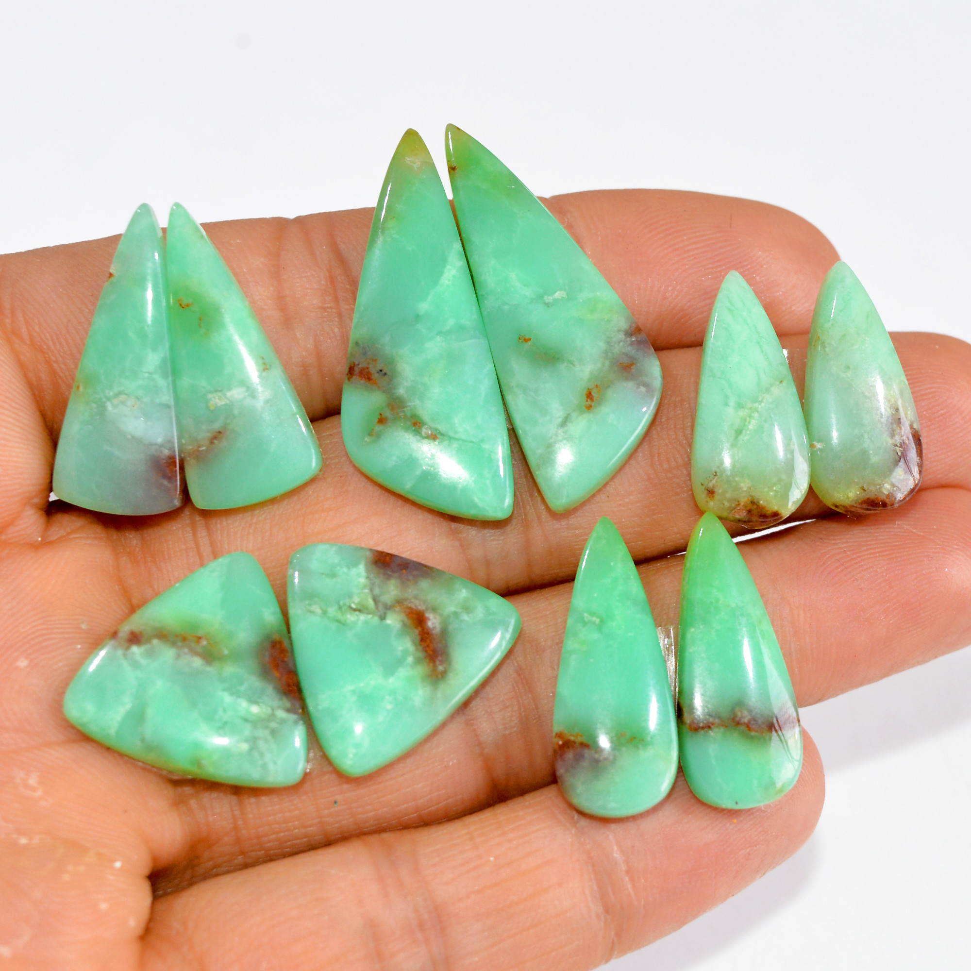 5 Pairs 122 Cts Natural Green Chrysoprase Cabochon Pair Lot Loose Gemstone Craft Supplies For Silver Jewelry Making 35x11 20x9mm 15172