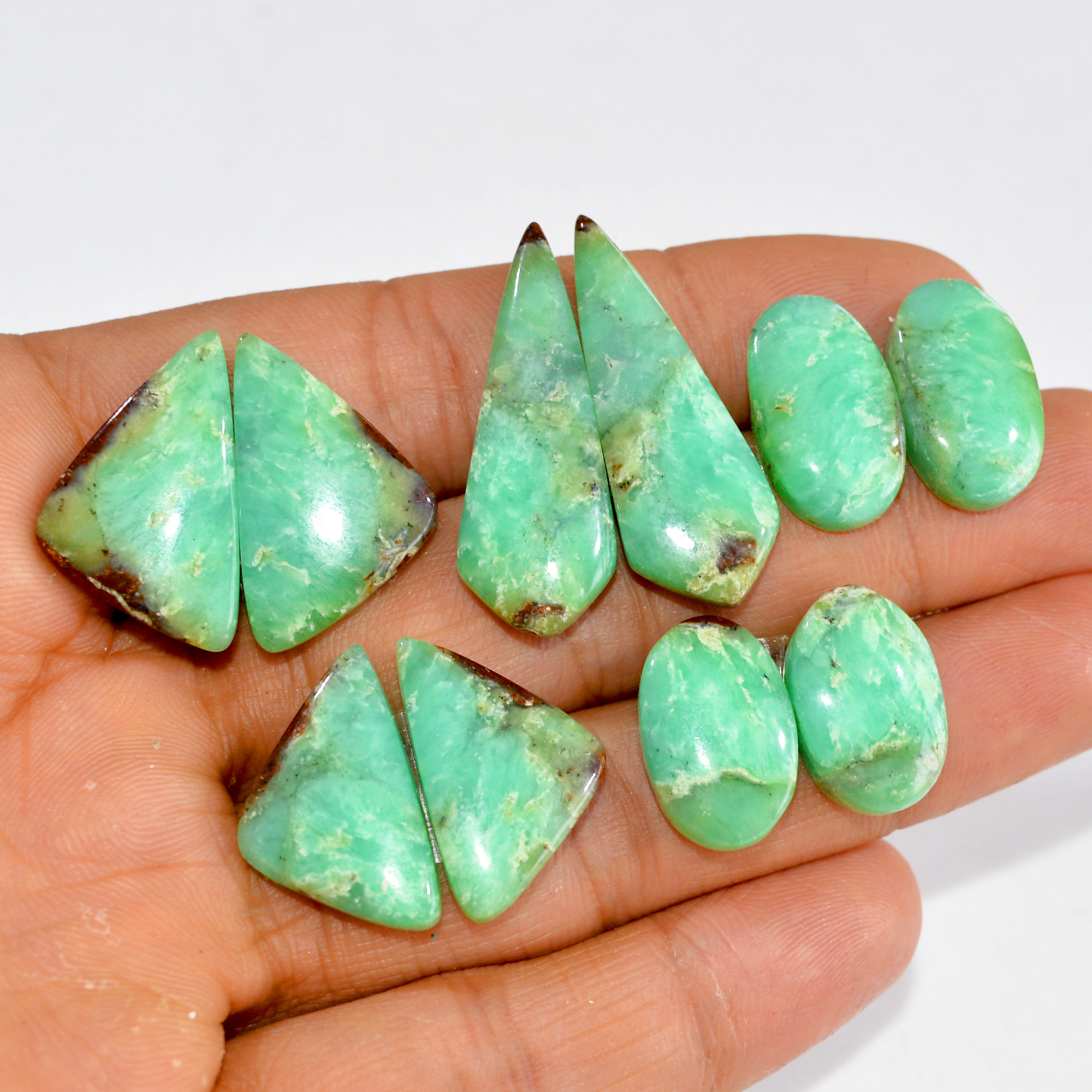 5 Pairs 112 Cts Natural Green Chrysoprase Cabochon Pair Lot Loose Gemstone Craft Supplies For Silver Jewelry Making 30x10 15x10mm 15173