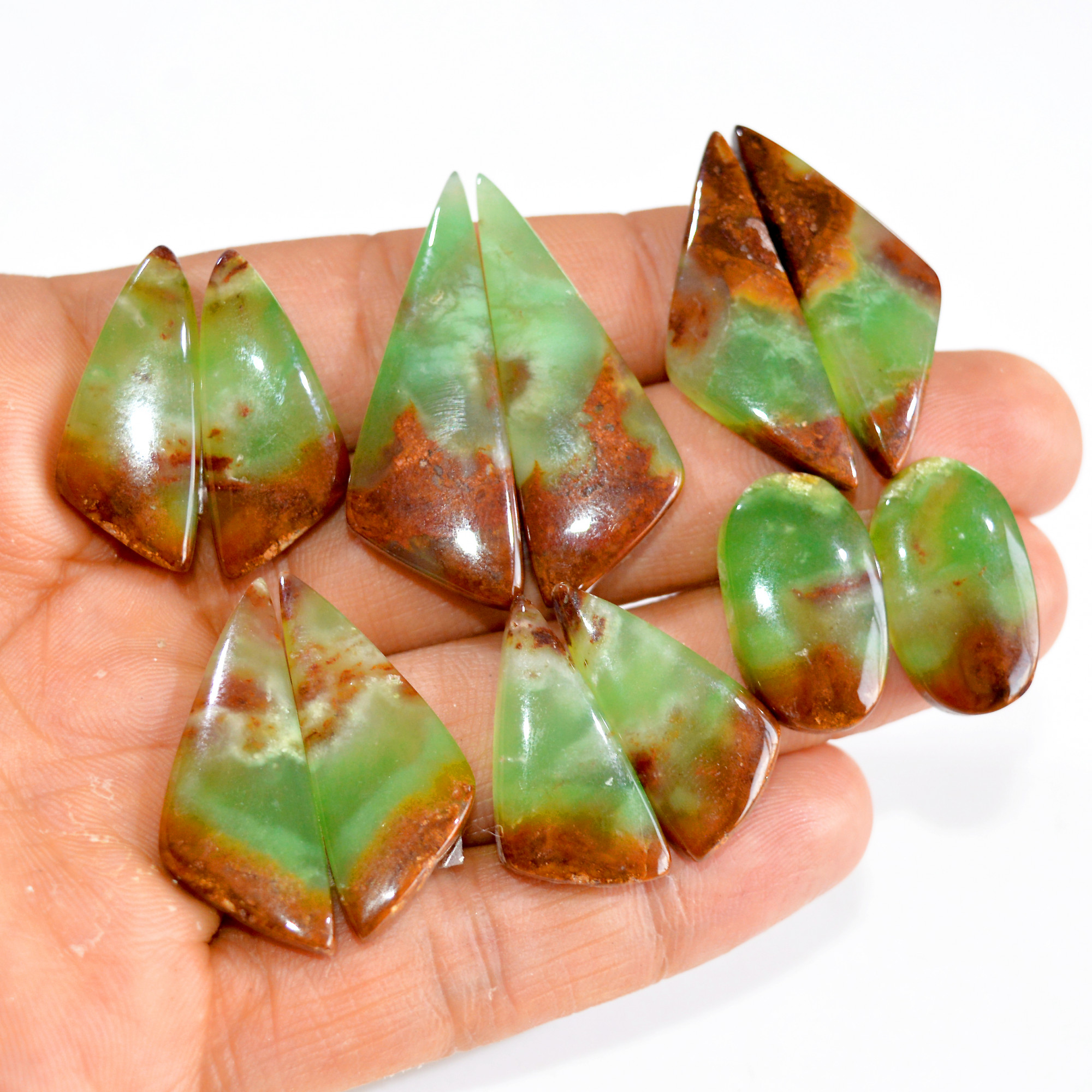 6 Pairs 193 Cts Natural Green Chrysoprase Cabochon Pair Lot Loose Gemstone Craft Supplies For Silver Jewelry Making 37x12 25x10mm 15174