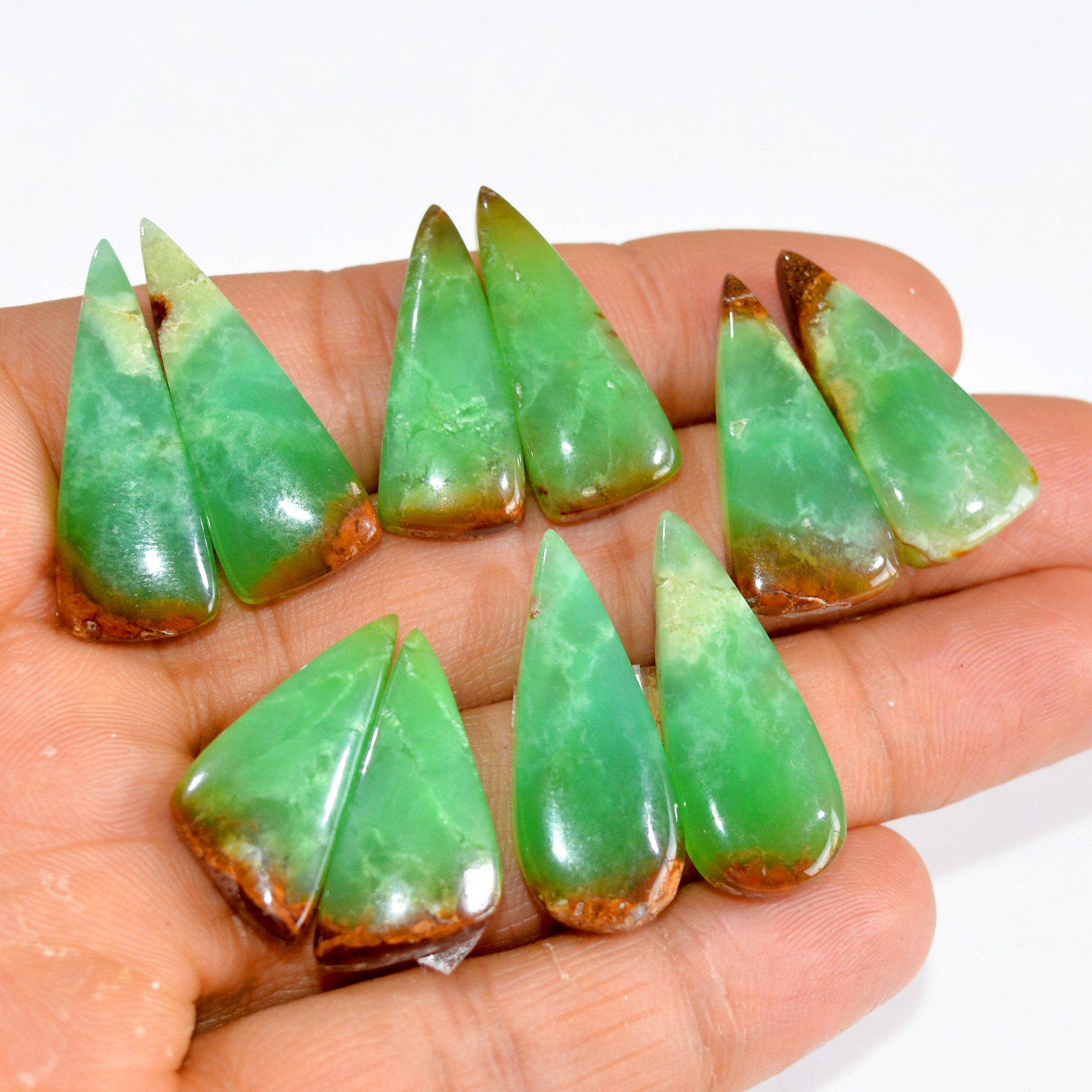 5 Pairs 122 Cts Natural Green Chrysoprase Cabochon Pair Lot Loose Gemstone Craft Supplies For Silver Jewelry Making 27x10 24x10mm 15175