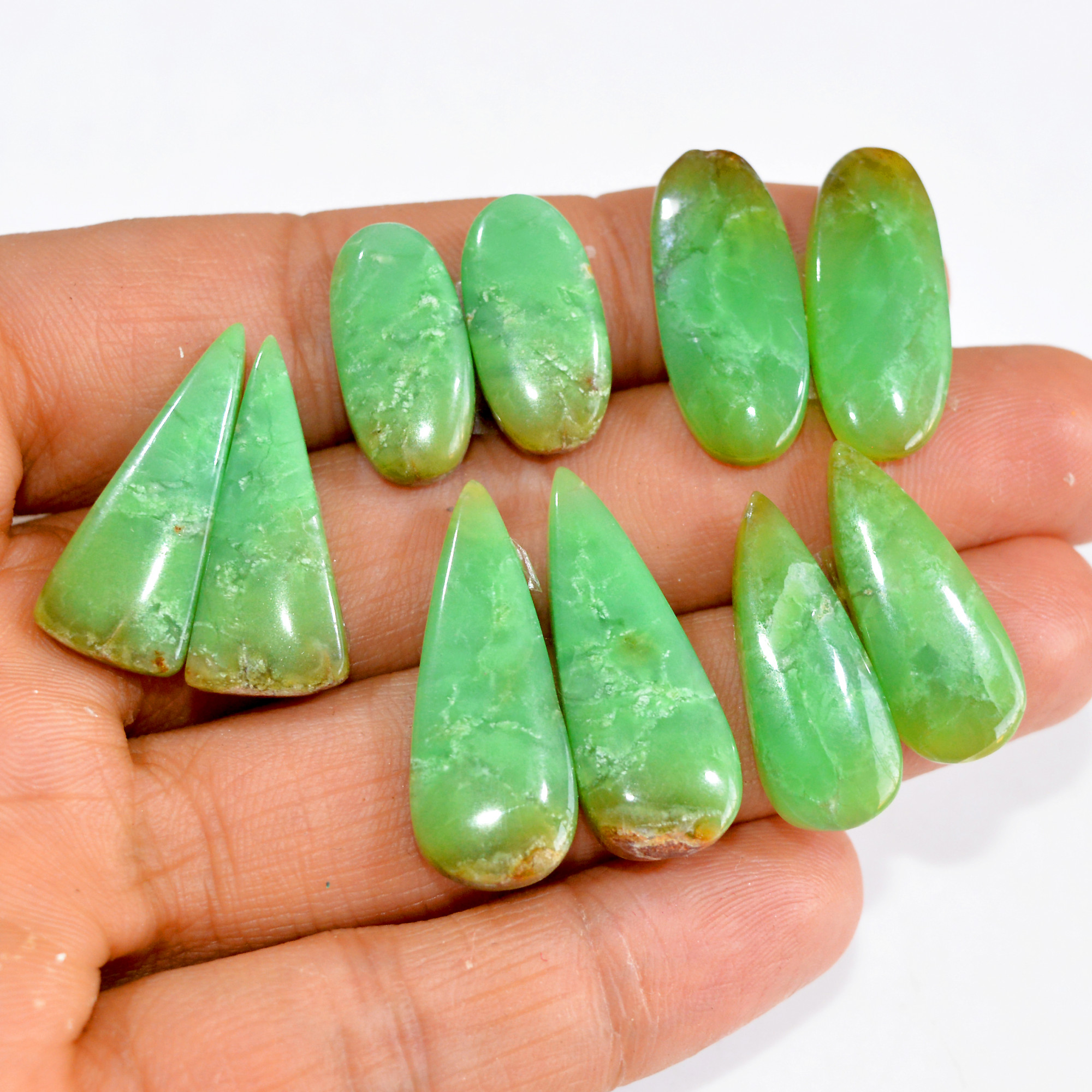 5 Pairs 109 Cts Natural Green Chrysoprase Cabochon Pair Lot Loose Gemstone Craft Supplies For Silver Jewelry Making 27x10 18x9mm 15178