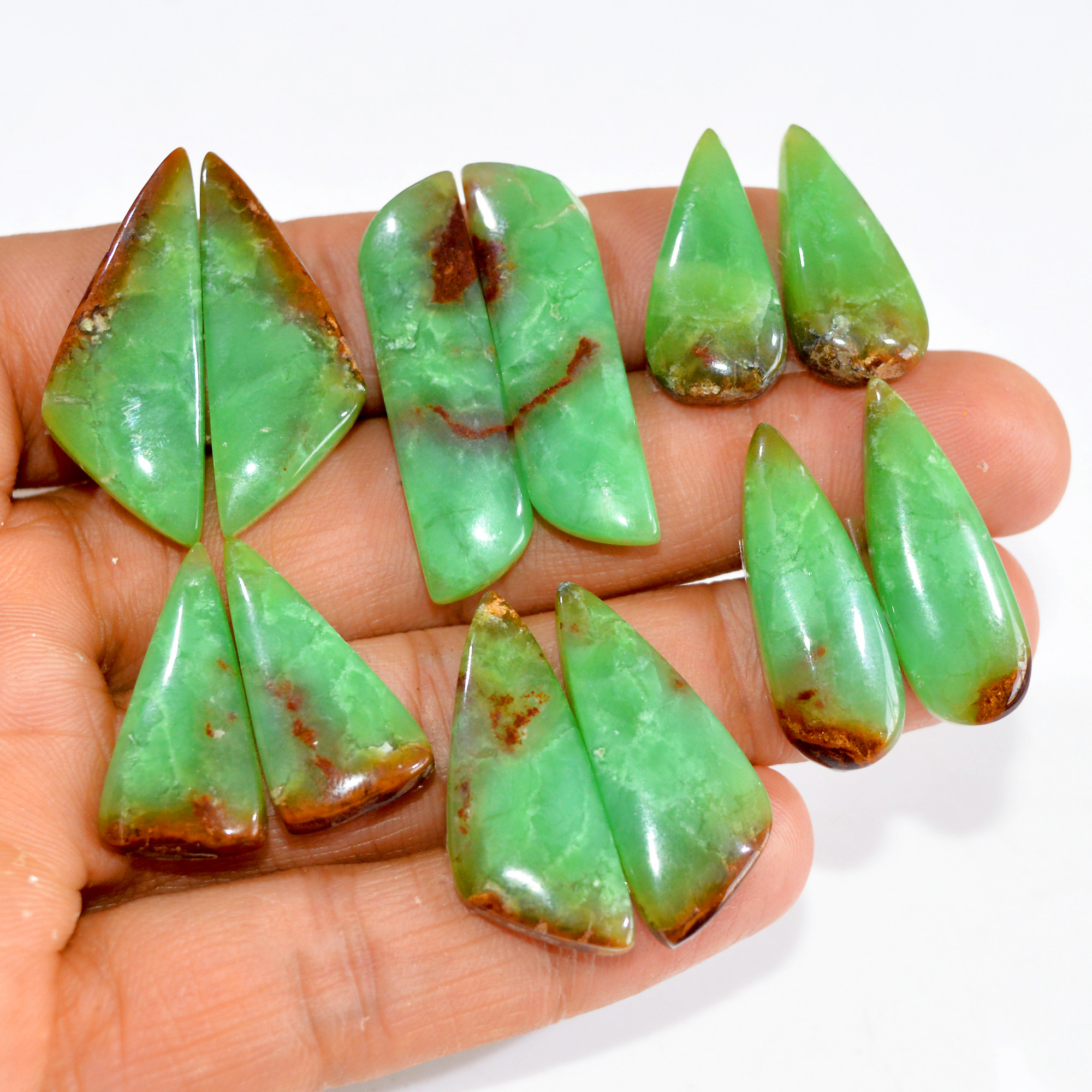 6 Pairs 165 Cts Natural Green Chrysoprase Cabochon Pair Lot Loose Gemstone Craft Supplies For Silver Jewelry Making 33x9 21x10mm 15179