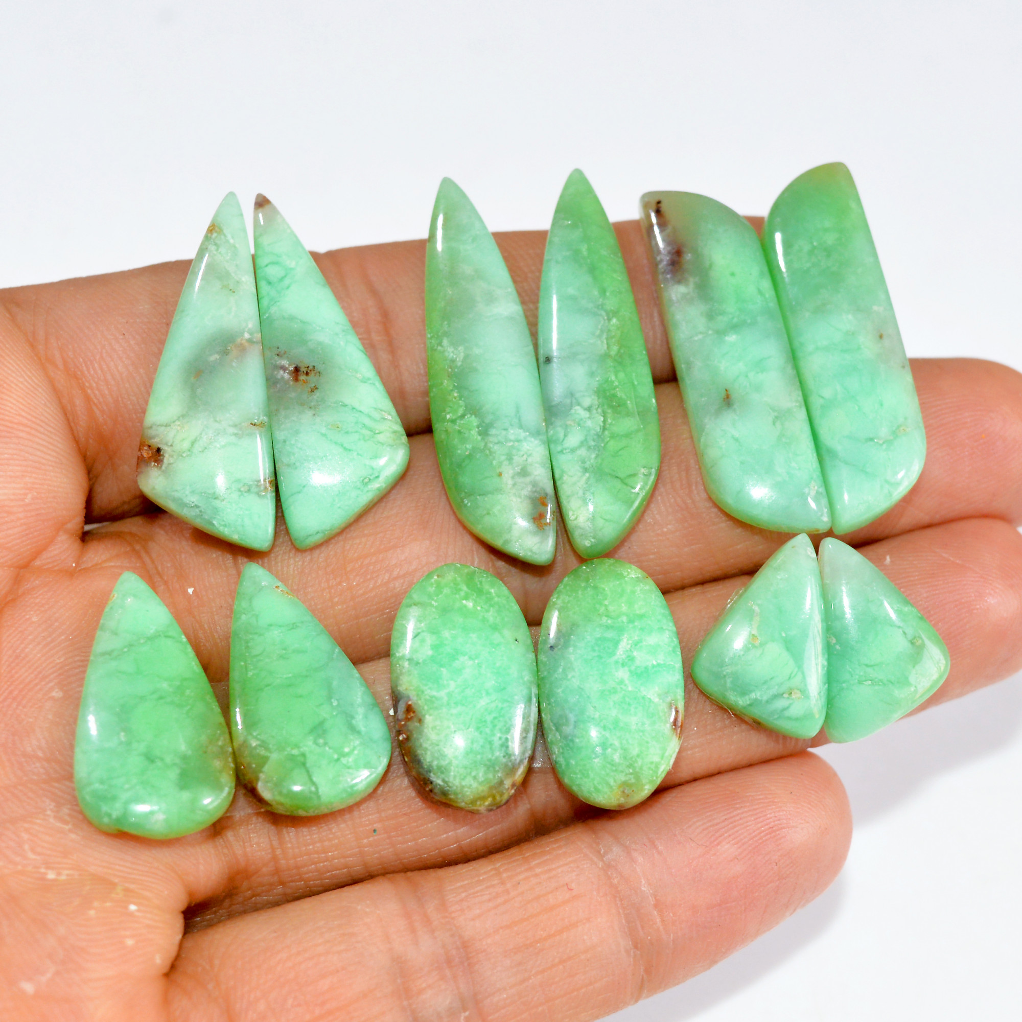 6 Pairs 149 Cts Natural Green Chrysoprase Cabochon Pair Lot Loose Gemstone Craft Supplies For Silver Jewelry Making 35x9 15x9mm 15180