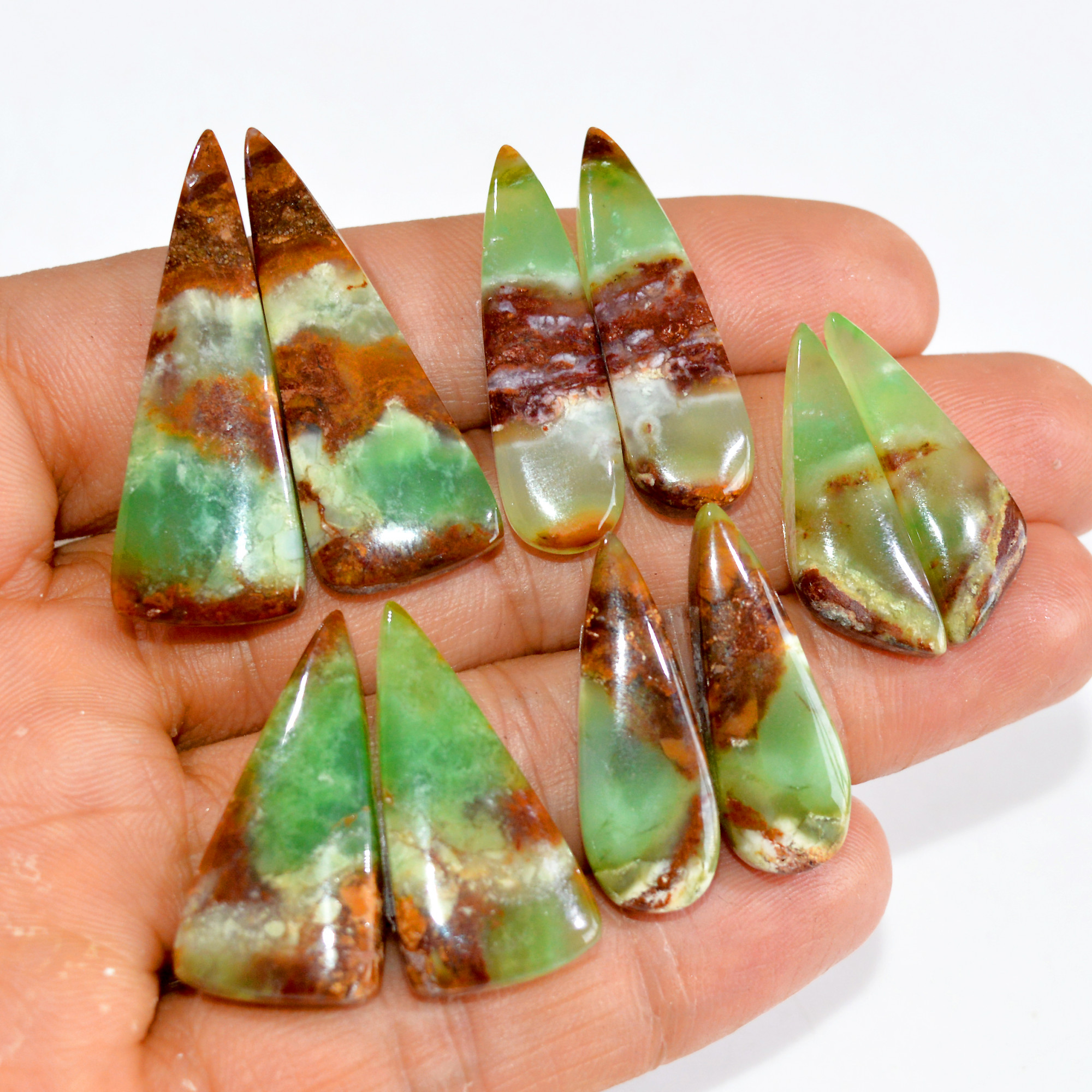 5 Pairs 141 Cts Natural Green Chrysoprase Cabochon Pair Lot Loose Gemstone Craft Supplies For Silver Jewelry Making 36x11 25x6mm 15181