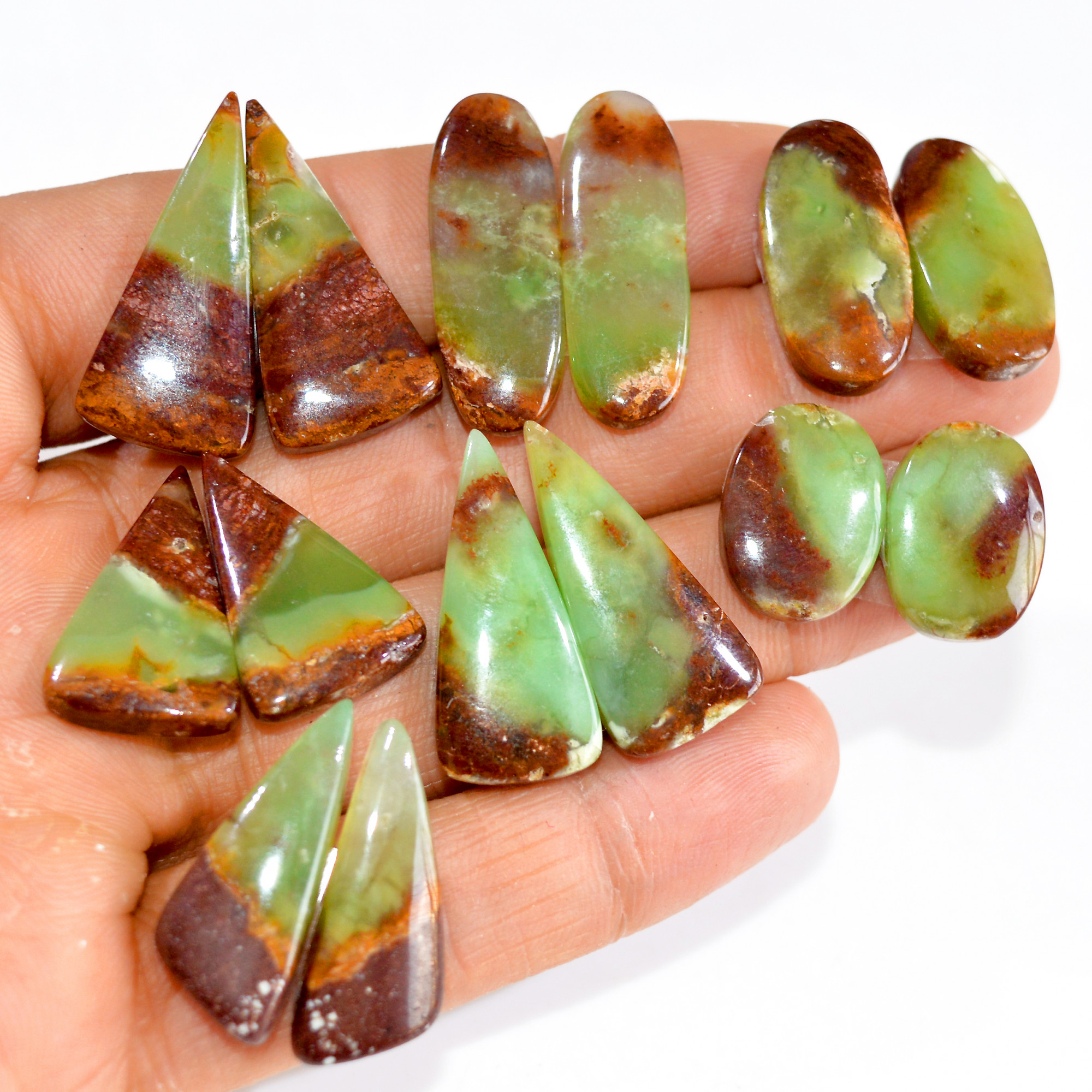 7 Pairs 157 Cts Natural Green Chrysoprase Cabochon Pair Lot Loose Gemstone Craft Supplies For Silver Jewelry Making 28x11 15x11mm 15184