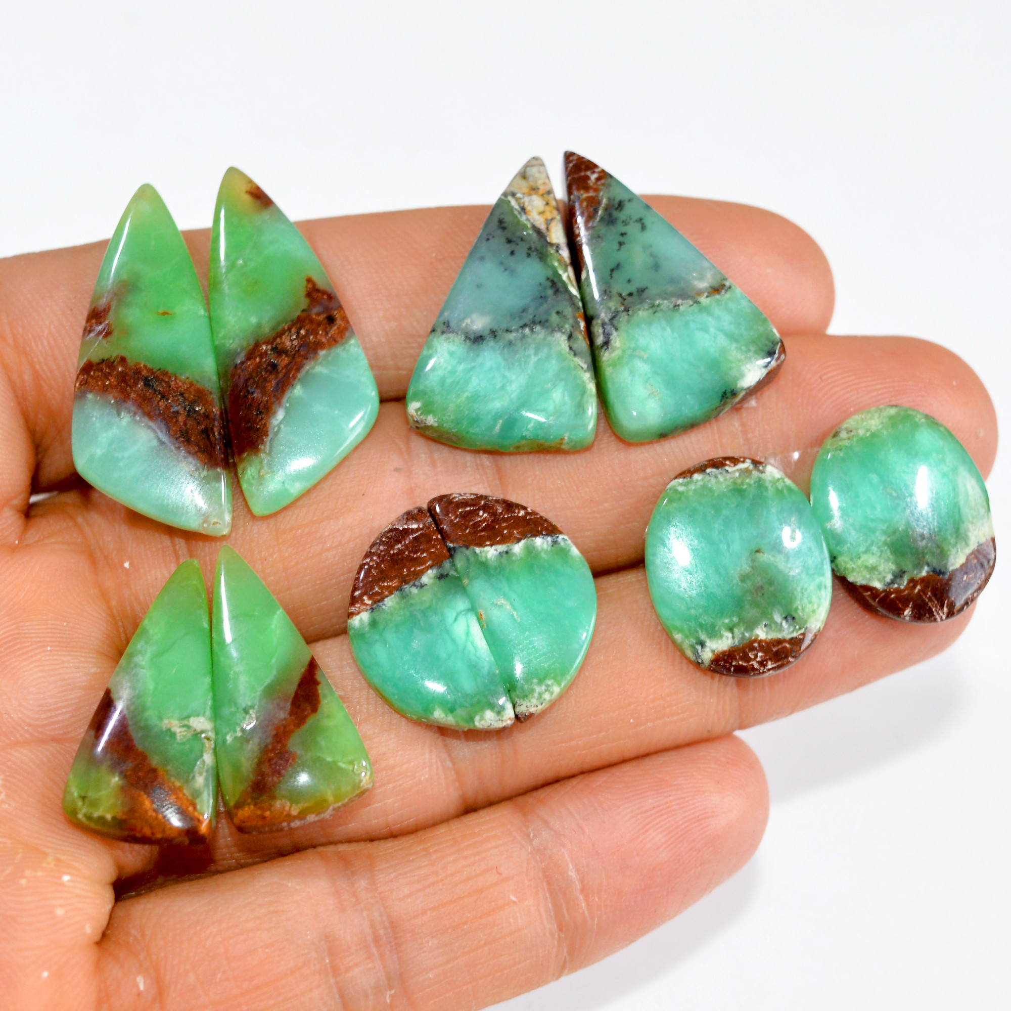 5 Pairs 123 Cts Natural Green Chrysoprase Cabochon Pair Lot Loose Gemstone Craft Supplies For Silver Jewelry Making 30x10 18x9mm 15186