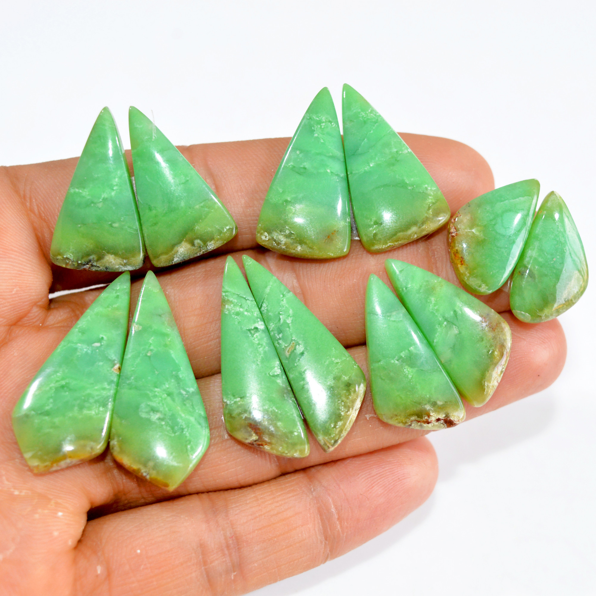6 Pairs 155 Cts Natural Green Chrysoprase Cabochon Pair Lot Loose Gemstone Craft Supplies For Silver Jewelry Making 32x12 20x10mm 15187