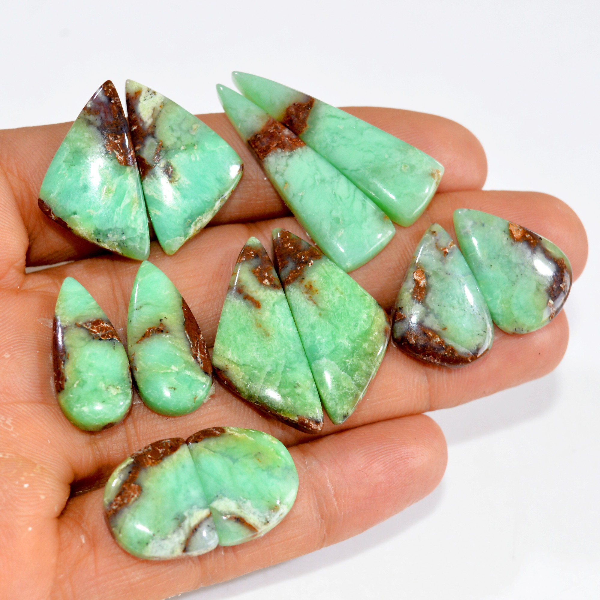 6 Pairs 161 Cts Natural Green Chrysoprase Cabochon Pair Lot Loose Gemstone Craft Supplies For Silver Jewelry Making 35x10 15x11mm 15189