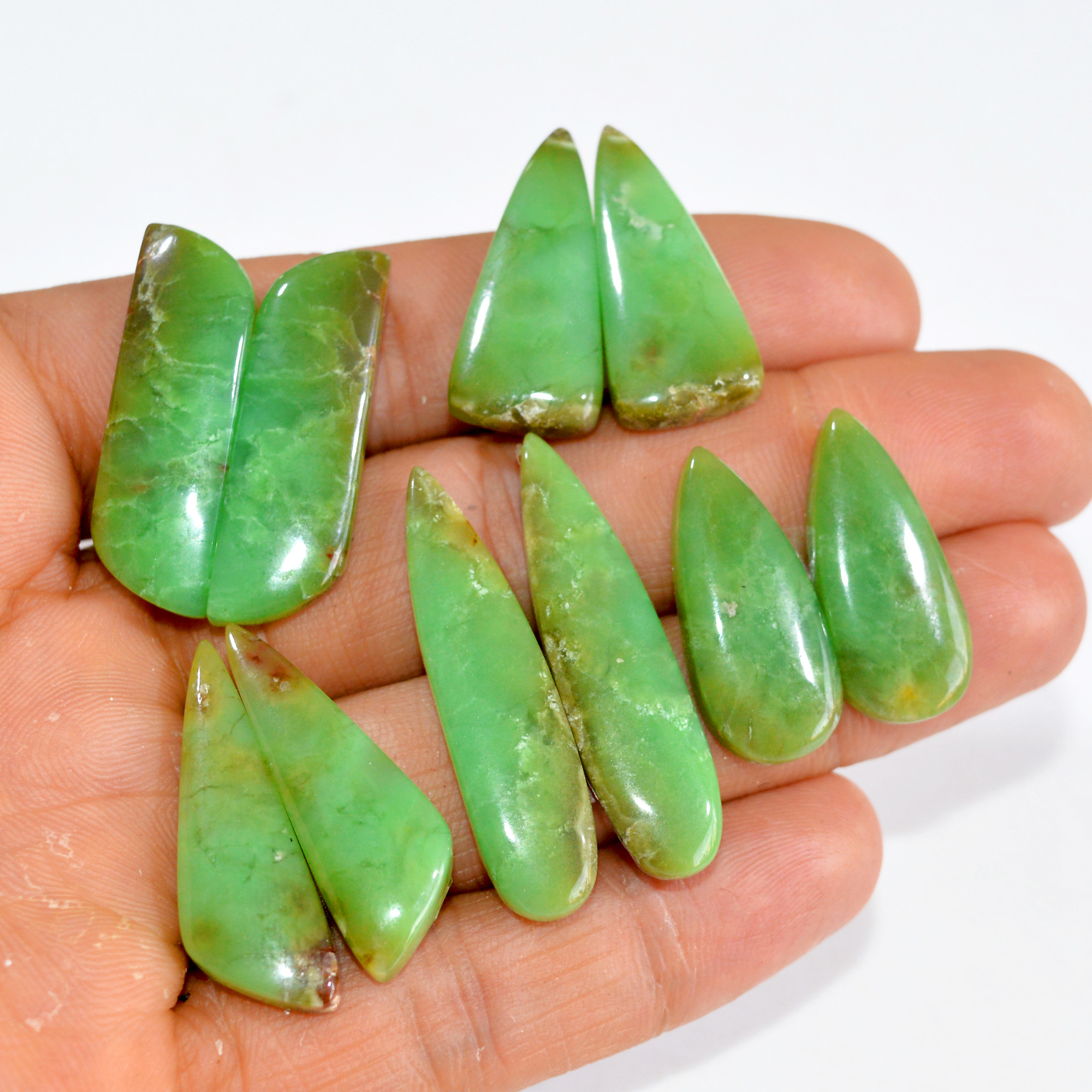 5 Pairs 142 Cts Natural Green Chrysoprase Cabochon Pair Lot Loose Gemstone Craft Supplies For Silver Jewelry Making 35x7 30x10mm 15190