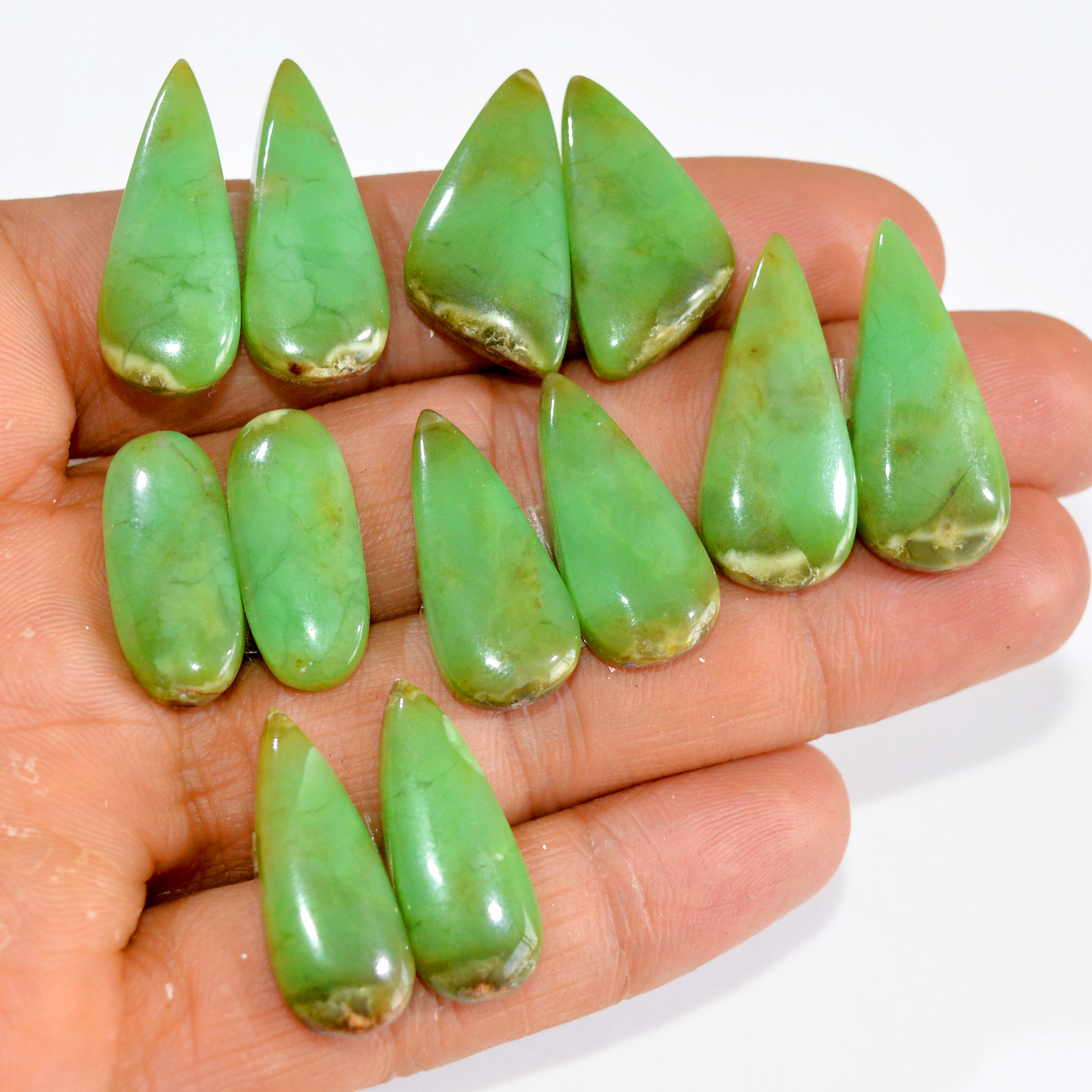 6 Pairs 139 Cts Natural Green Chrysoprase Cabochon Pair Lot Loose Gemstone Craft Supplies For Silver Jewelry Making 26x10 25x11mm 15191