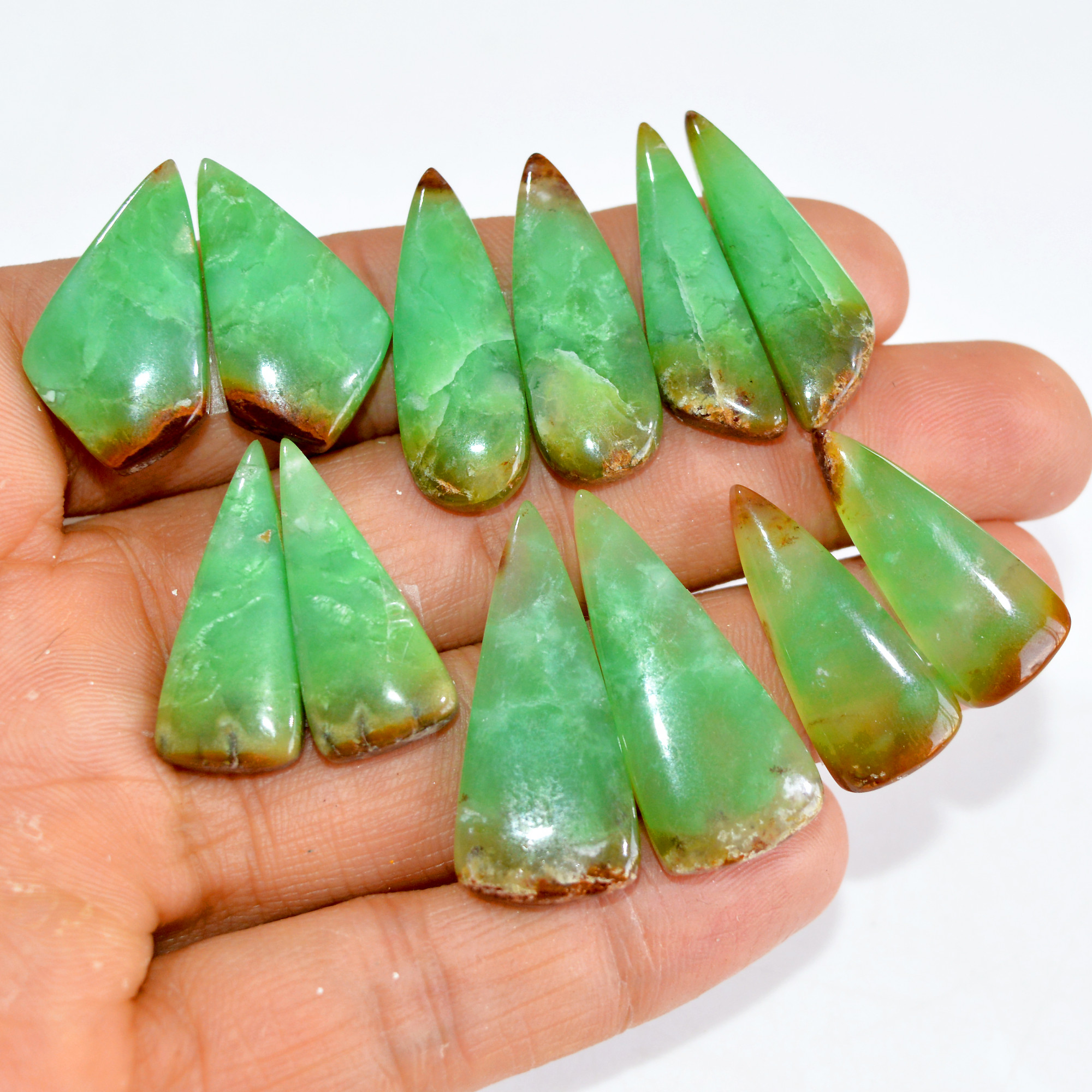 6 Pairs 154 Cts Natural Green Chrysoprase Cabochon Pair Lot Loose Gemstone Craft Supplies For Silver Jewelry Making 30x11 29x7mm 15194