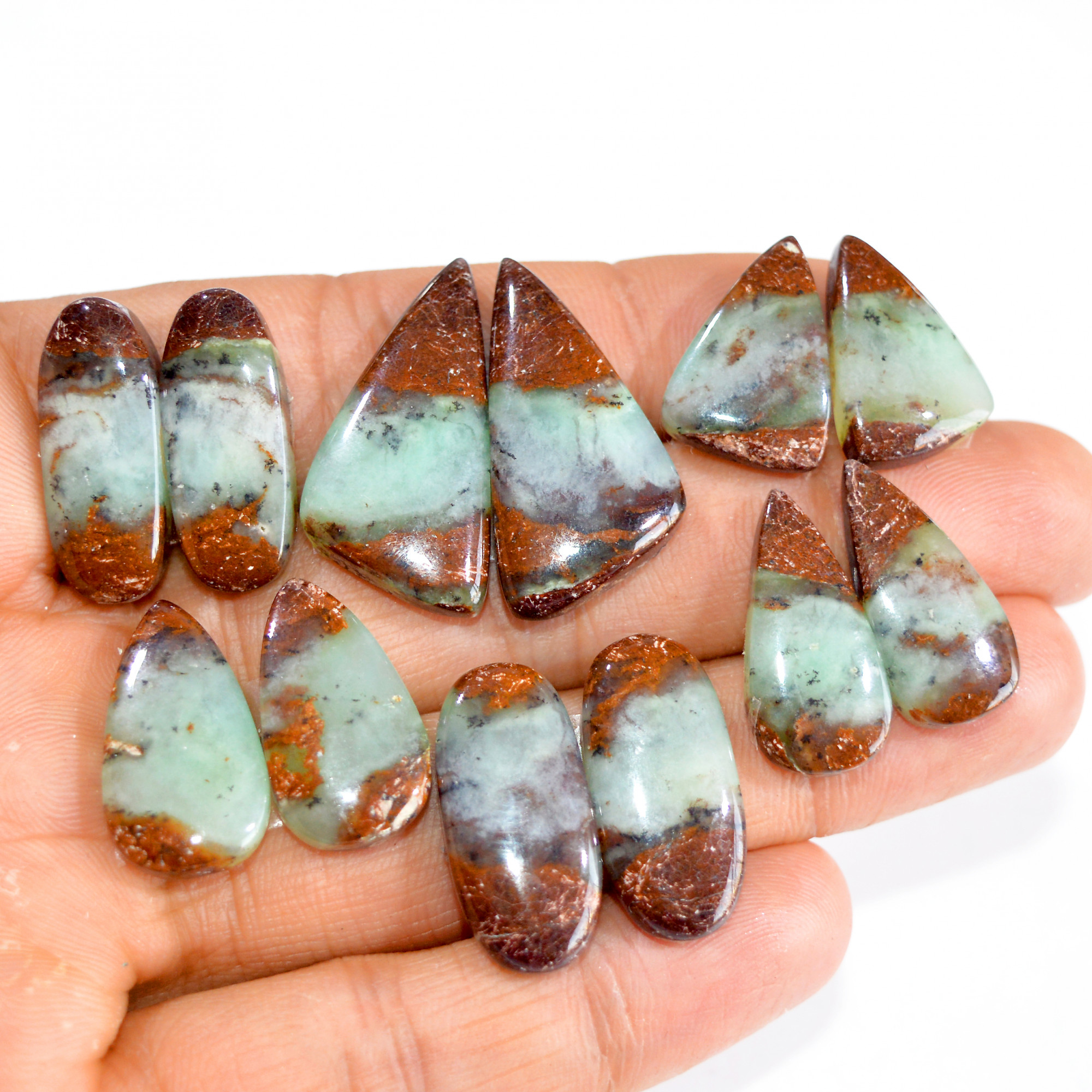 6 Pairs 150 Cts Natural Green Chrysoprase Cabochon Pair Lot Loose Gemstone Craft Supplies For Silver Jewelry Making 29x13 20x10mm 15198