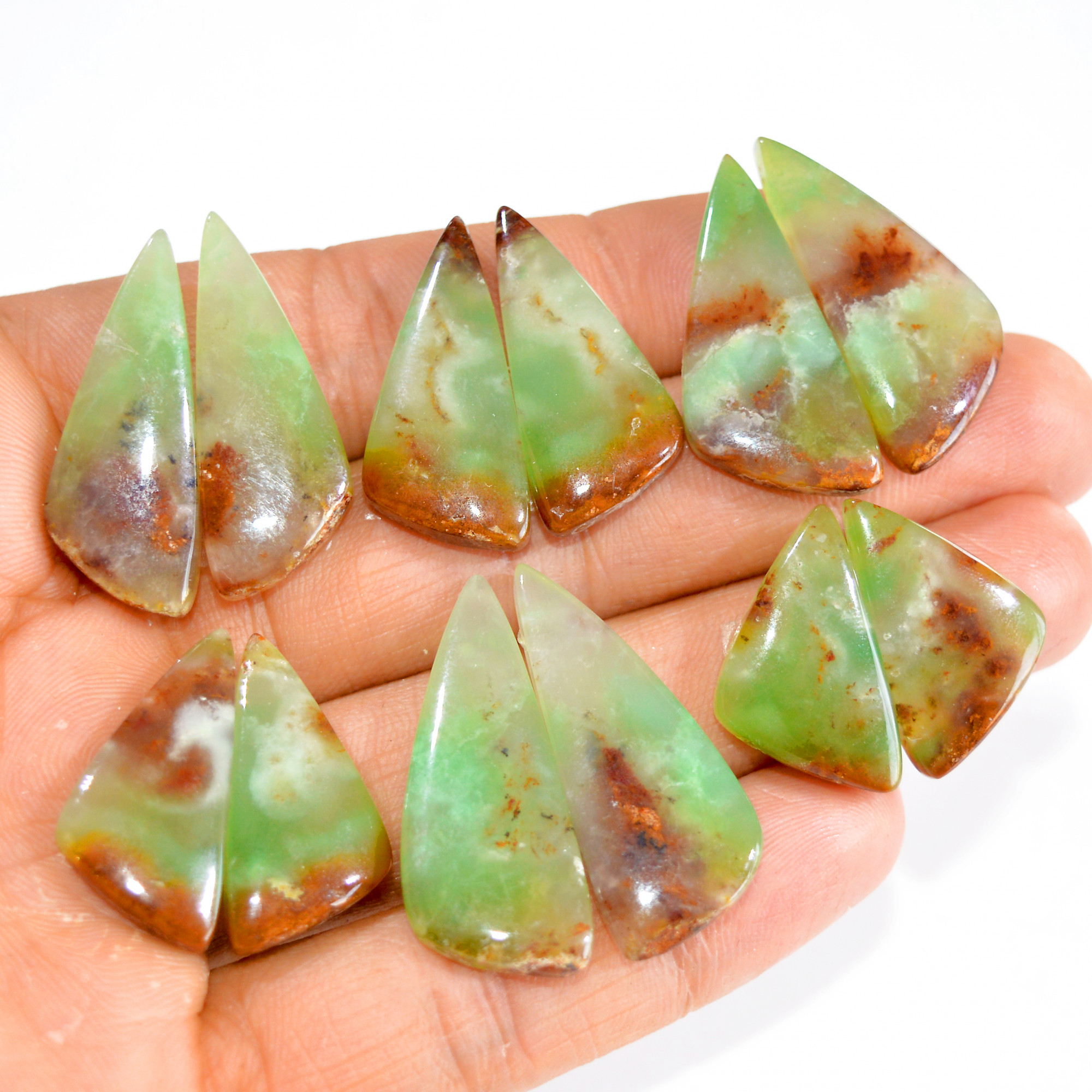 6 Pairs 170 Cts Natural Green Chrysoprase Cabochon Pair Lot Loose Gemstone Craft Supplies For Silver Jewelry Making 32x12 21x11 mm 15199