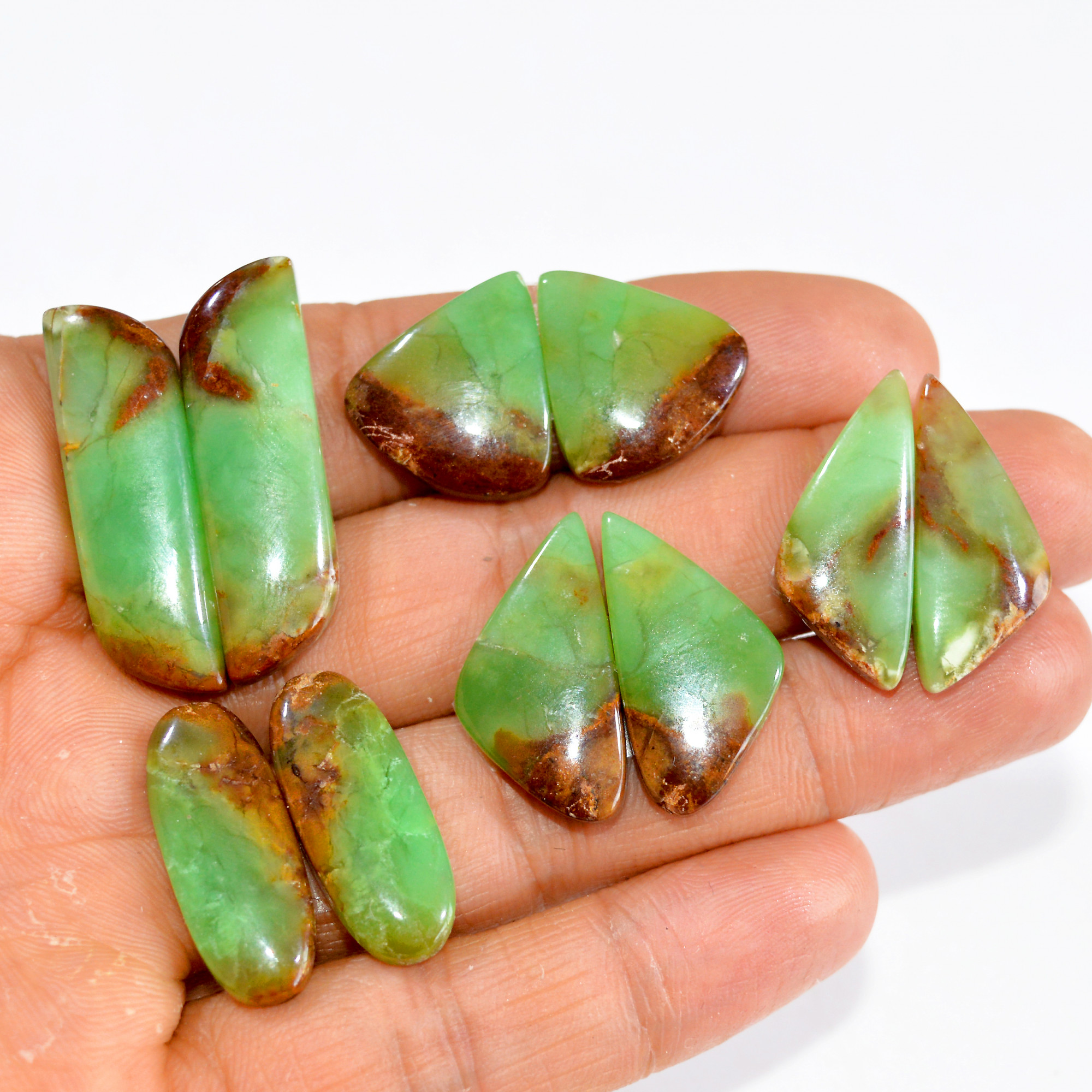 5 Pairs 139 Cts Natural Green Chrysoprase Cabochon Pair Lot Loose Gemstone Craft Supplies For Silver Jewelry Making 34x9 17x15 mm 15200