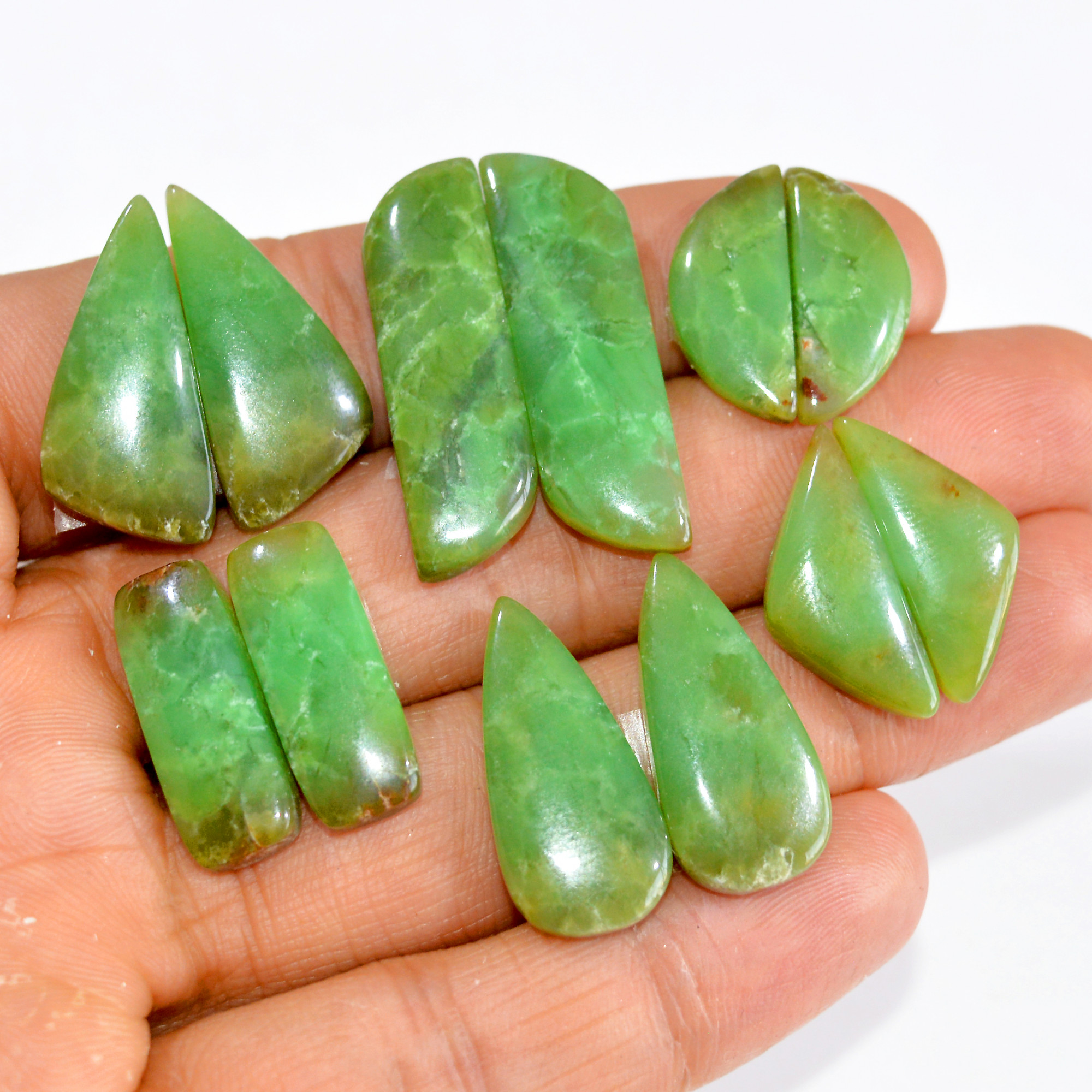 6 Pairs 124 Cts Natural Green Chrysoprase Cabochon Pair Lot Loose Gemstone Craft Supplies For Silver Jewelry Making 30x9 20x9mm 15201