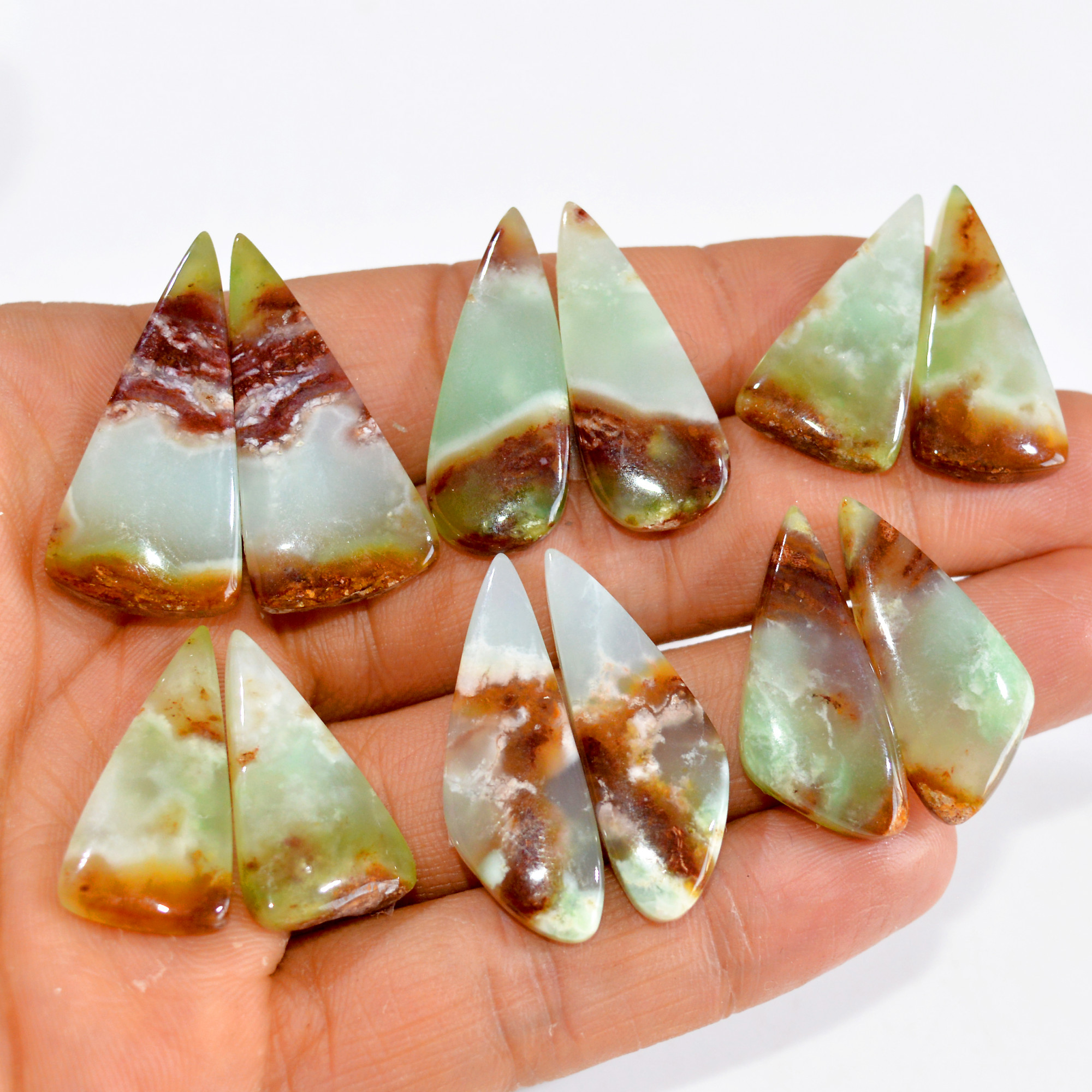 6 Pairs 183 Cts Natural Green Chrysoprase Cabochon Pair Lot Loose Gemstone Craft Supplies For Silver Jewelry Making 31x14 27x10mm 15202