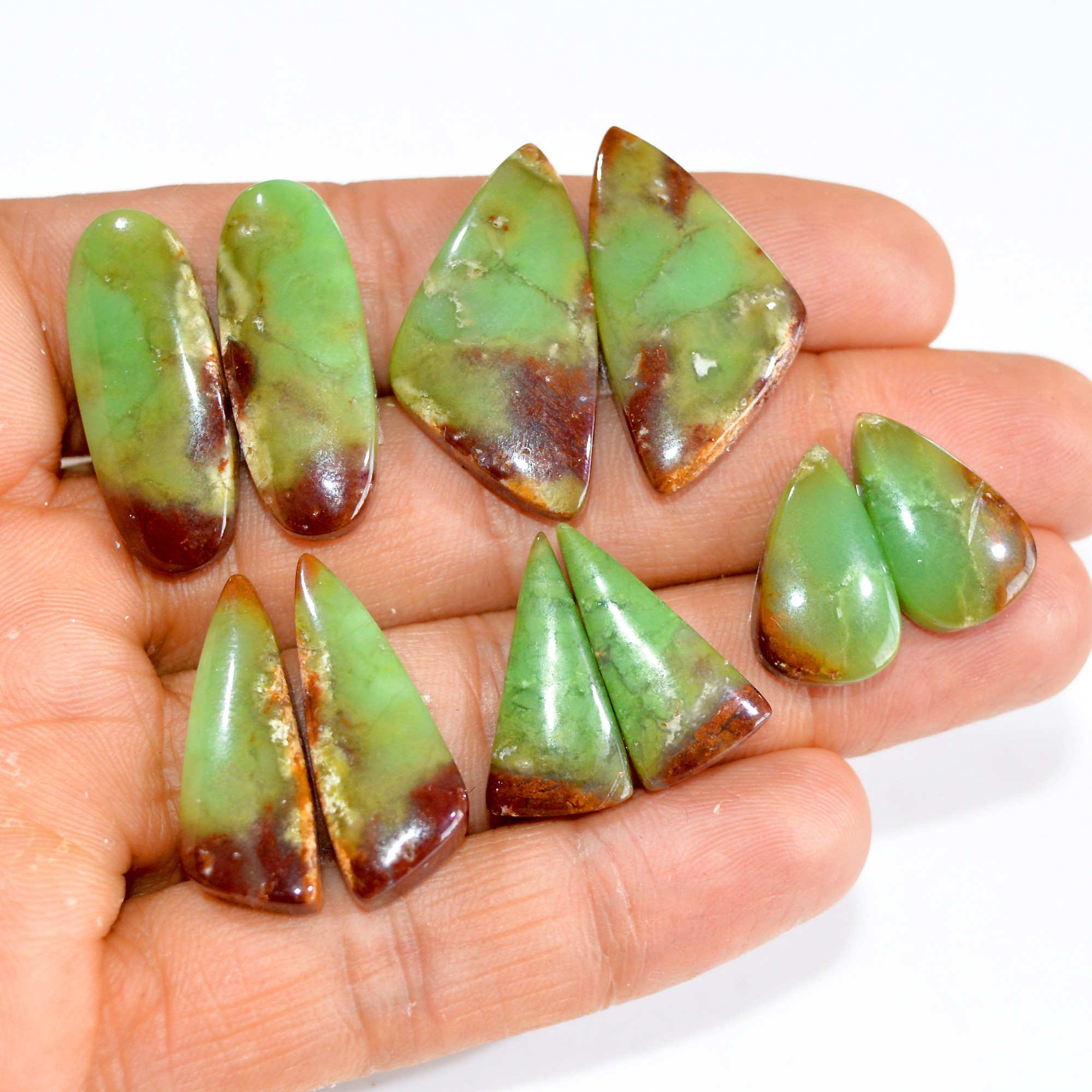 5 Pairs 127 Cts Natural Green Chrysoprase Cabochon Pair Lot Loose Gemstone Craft Supplies For Silver Jewelry Making 30x15 20x9mm 15203