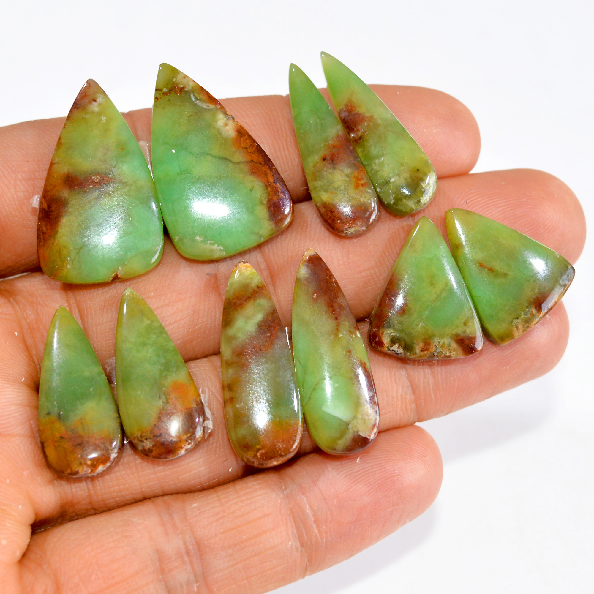 5 Pairs 122 Cts Natural Green Chrysoprase Cabochon Pair Lot Loose Gemstone Craft Supplies For Silver Jewelry Making 25x15 20x9 mm 15205