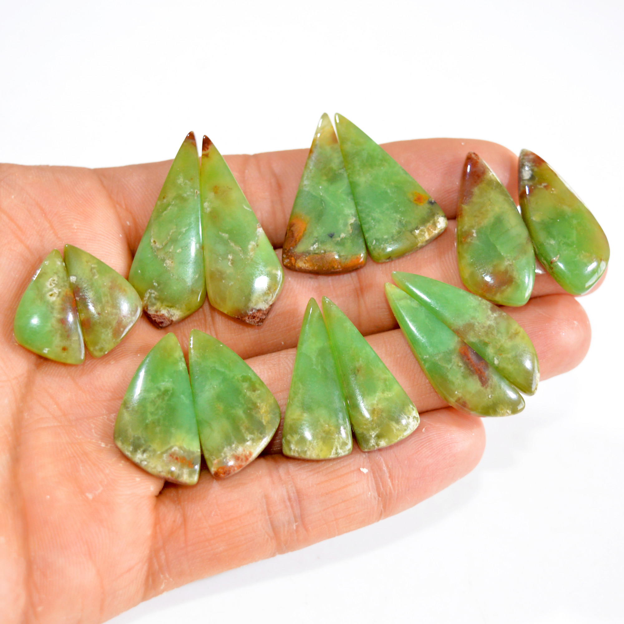 7 Pairs 180 Cts Natural Green Chrysoprase Cabochon Pair Lot Loose Gemstone Craft Supplies For Silver Jewelry Making 34x11 19x9mm 15206