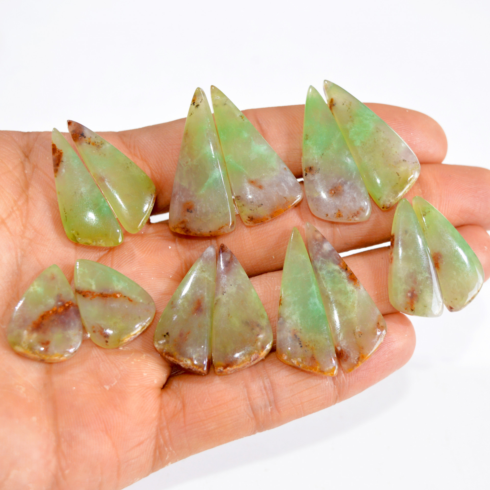 7 Pairs 206 Cts Natural Green Chrysoprase Cabochon Pair Lot Loose Gemstone Craft Supplies For Silver Jewelry Making 31x14 20x14 mm 15207
