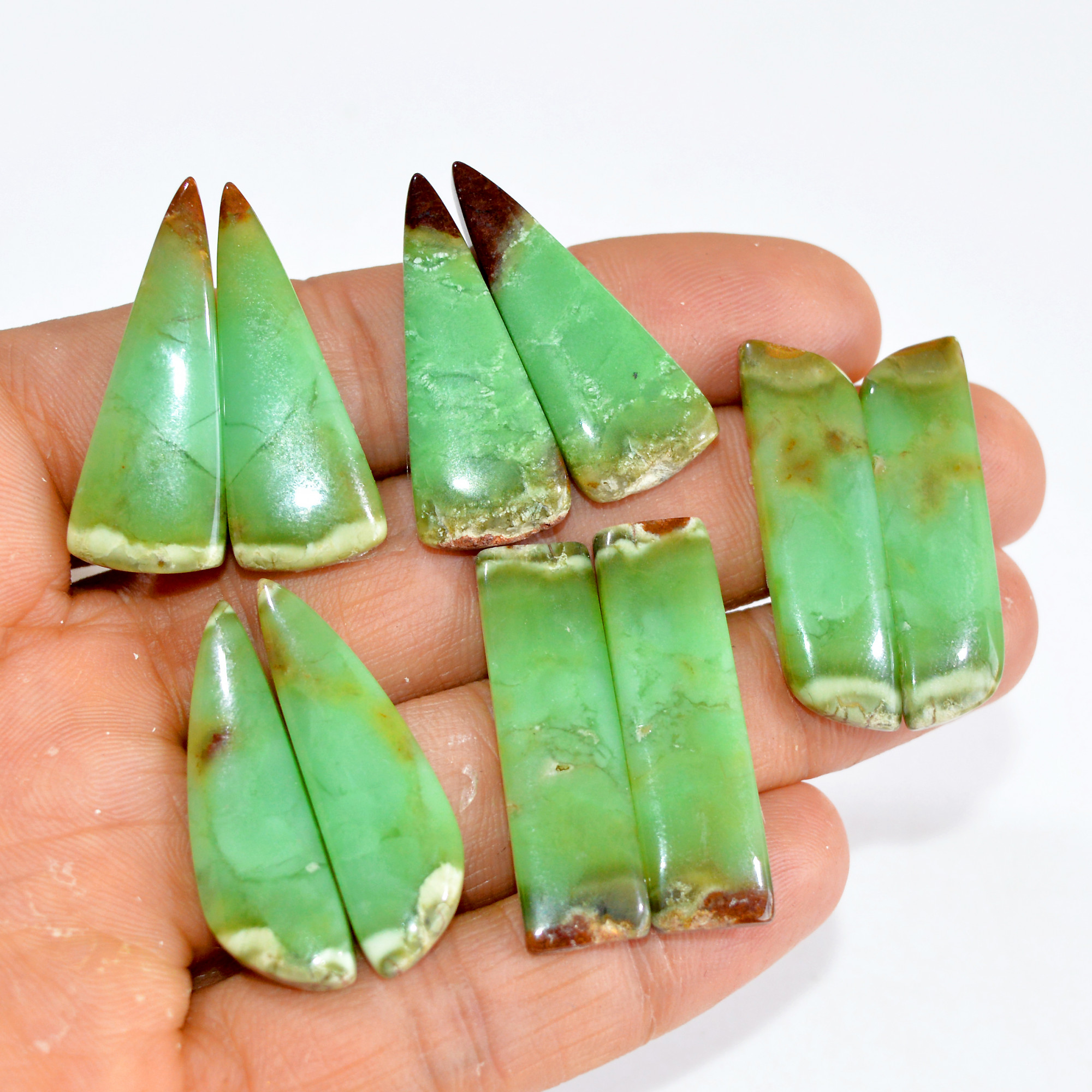5 Pairs 147 Cts Natural Green Chrysoprase Cabochon Pair Lot Loose Gemstone Craft Supplies For Silver Jewelry Making 32x9 30x11 mm 15208