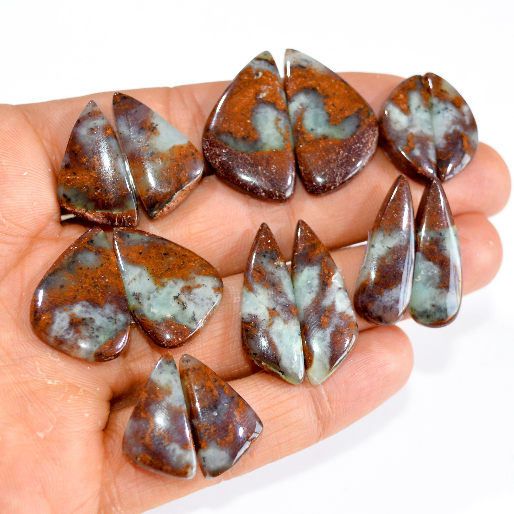 7 Pairs 174 Cts Natural Green Chrysoprase Cabochon Pair Lot Loose Gemstone Craft Supplies For Silver Jewelry Making 27x15 20x8mm 15209