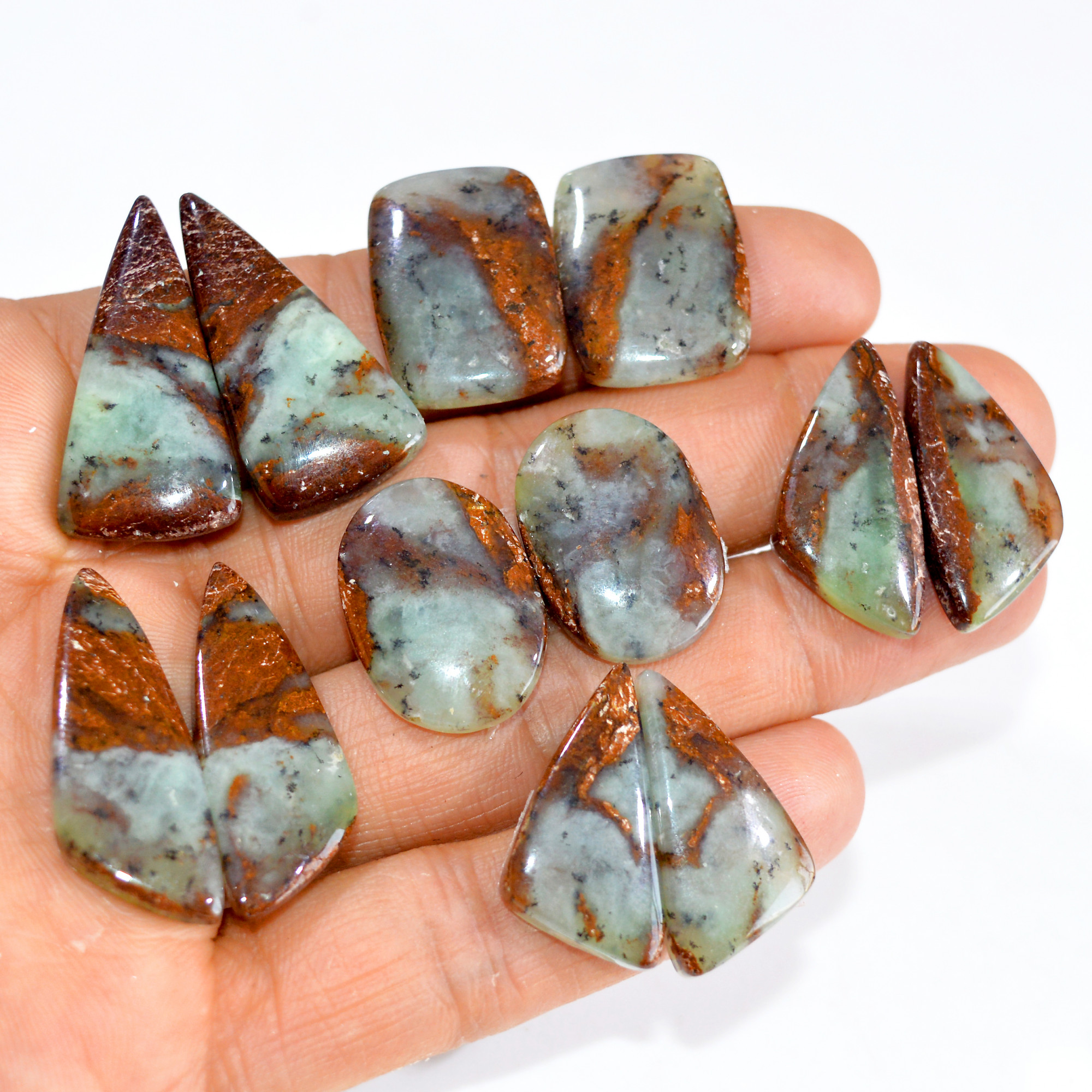 6 Pairs 202 Cts Natural Green Chrysoprase Cabochon Pair Lot Loose Gemstone Craft Supplies For Silver Jewelry Making 30x14 26x11mm 15210
