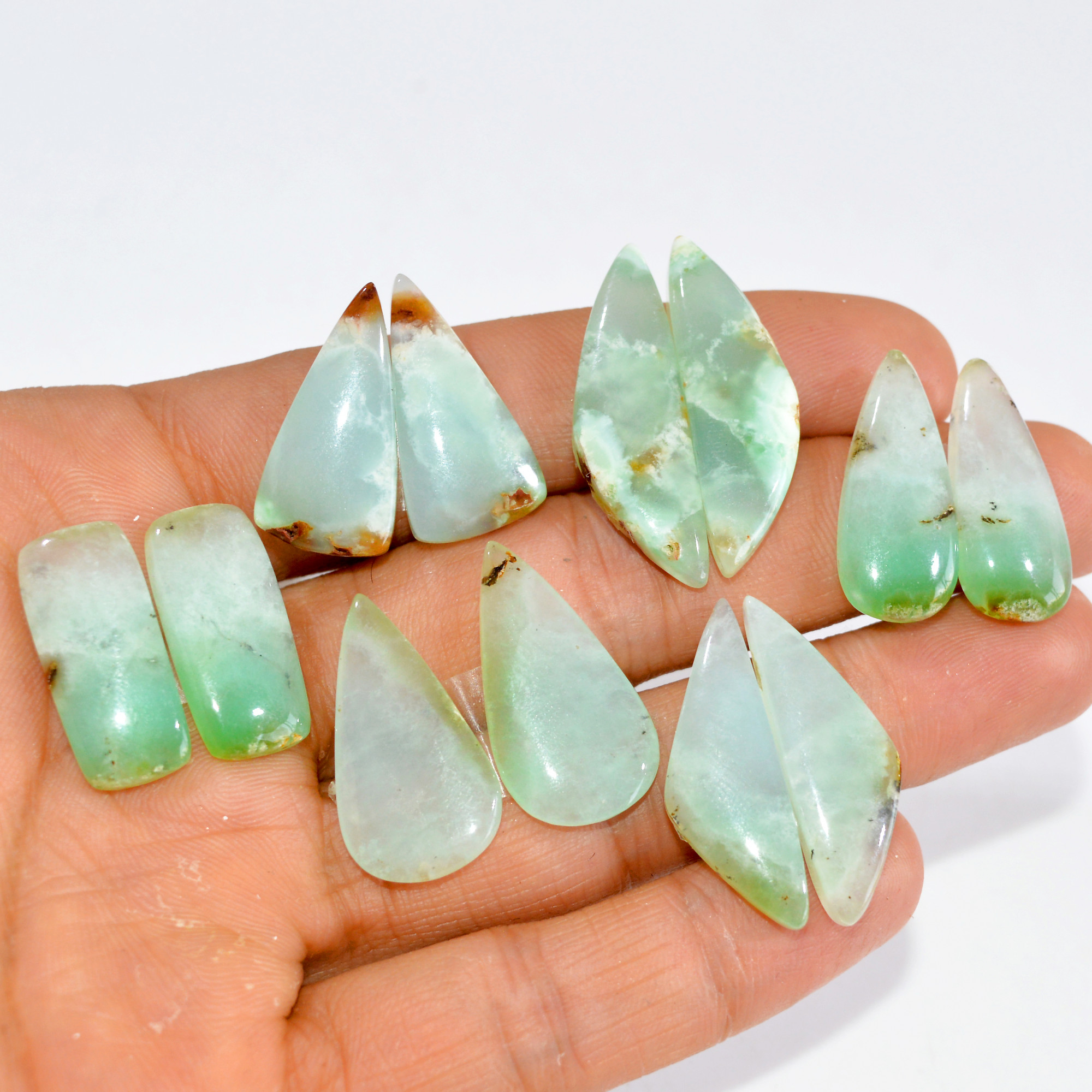 6 Pairs 150 Cts Natural Green Chrysoprase Cabochon Pair Lot Loose Gemstone Craft Supplies For Silver Jewelry Making 31x9 24x9mm 15211
