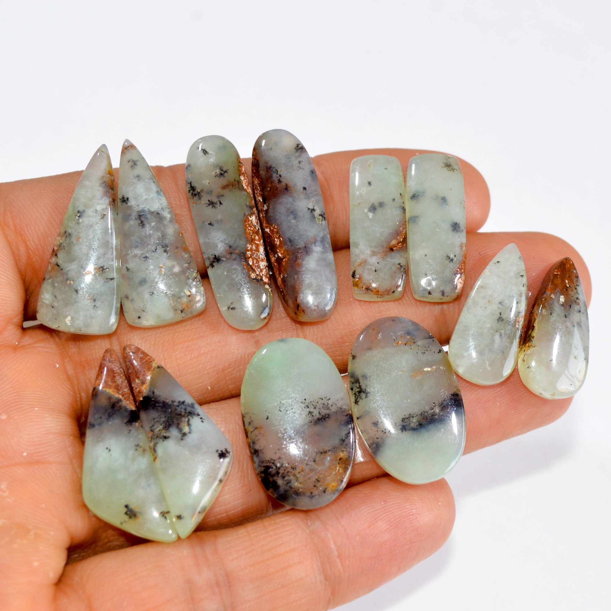 6 Pairs 155 Cts Natural Green Chrysoprase Cabochon Pair Lot Loose Gemstone Craft Supplies For Silver Jewelry Making 26x10 20x9mm 15212