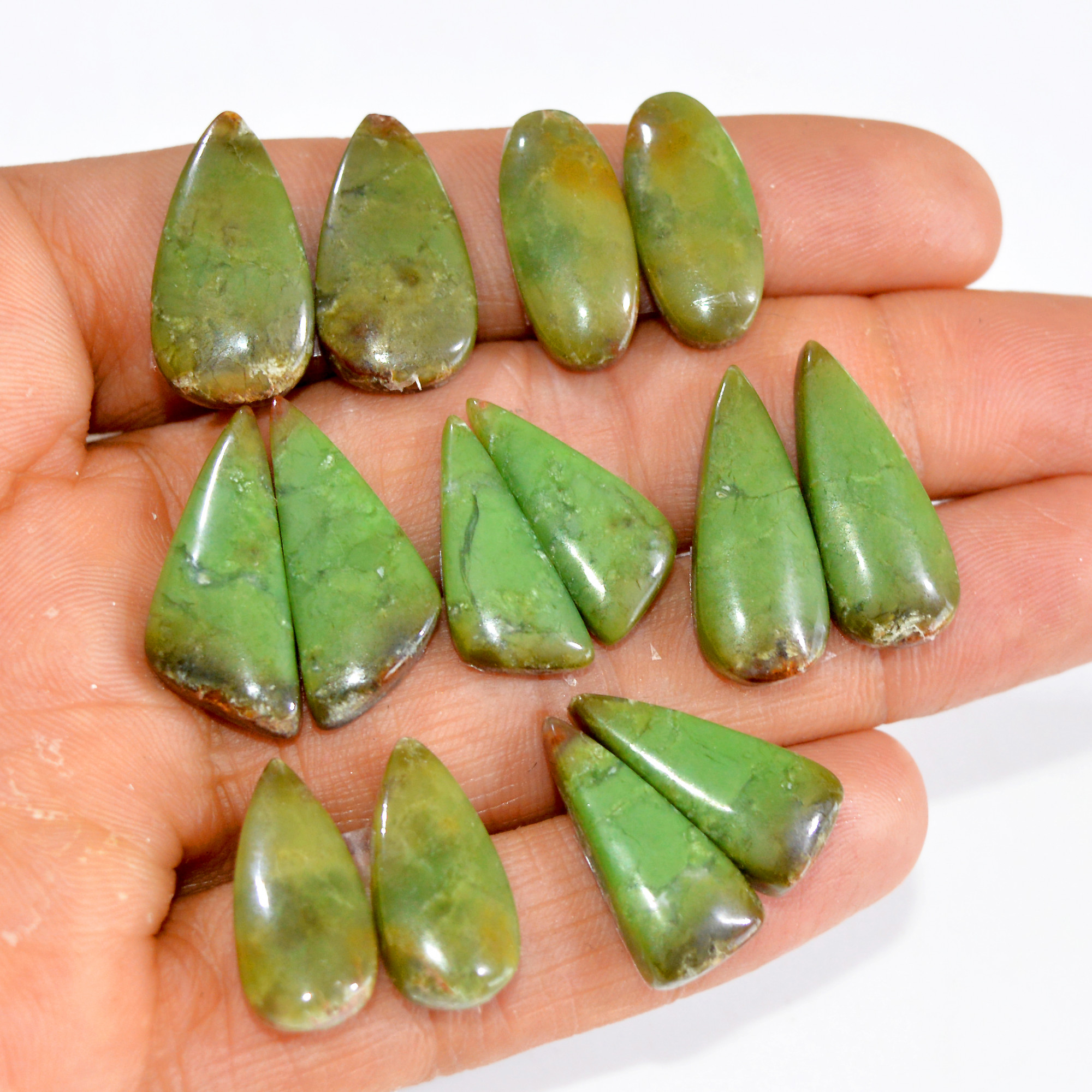 7 Pairs 118 Cts Natural Green Chrysoprase Cabochon Pair Lot Loose Gemstone Craft Supplies For Silver Jewelry Making 21x10 20x9mm 15214