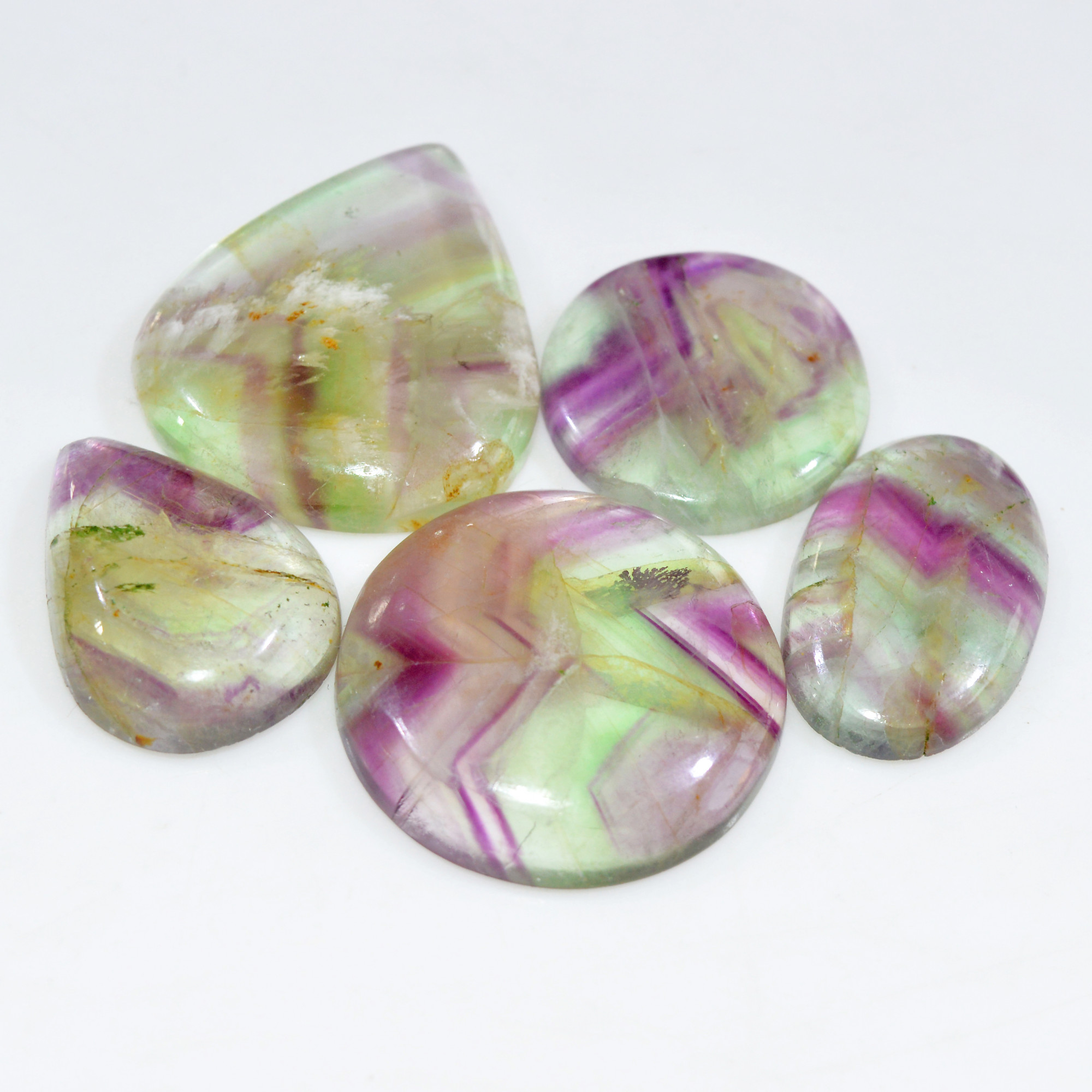 5 Pcs 262 Cts Natural Fluorite Cabochon Loose Gemstone Lot Healing Crystal For Jewelry Making Semi-Precious Gemstones 36x30 27x18mm 15219