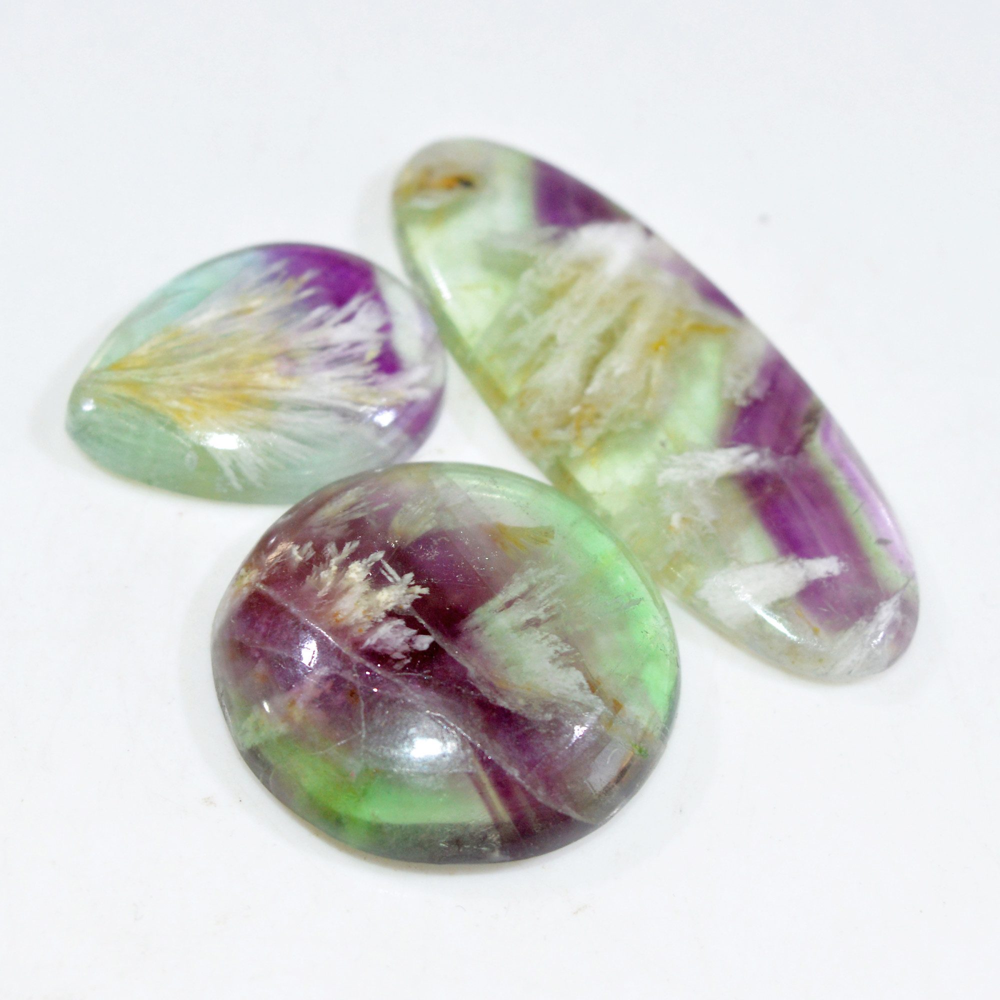3 Pcs 78 Cts Natural Fluorite Cabochon Loose Gemstone Lot Healing Crystal For Jewelry Making Semi-Precious Gemstones 40x13 20x14mm 15220