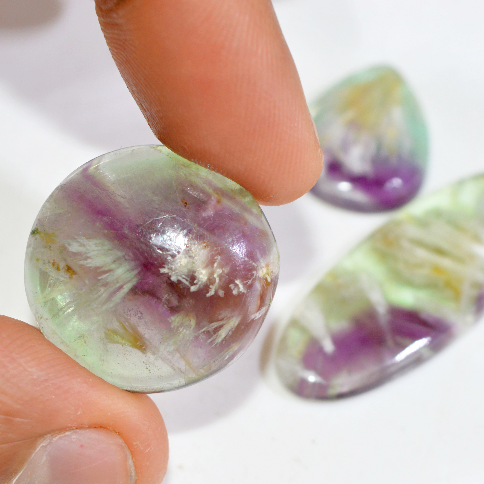 3 Pcs 78 Cts Natural Fluorite Cabochon Loose Gemstone Lot Healing Crystal For Jewelry Making Semi-Precious Gemstones 40x13 20x14mm 15220