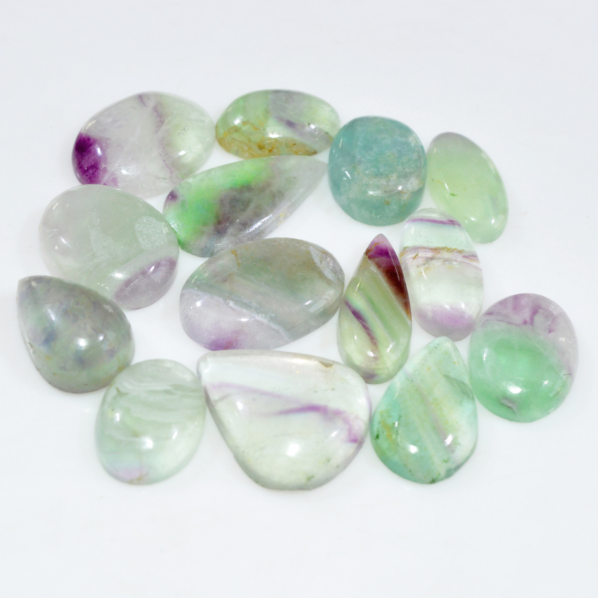 14 Pcs 195 Cts Natural Fluorite Cabochon Loose Gemstone Lot Healing Crystal For Jewelry Making Semi-Precious Gemstones 22x11 15x9mm 15221