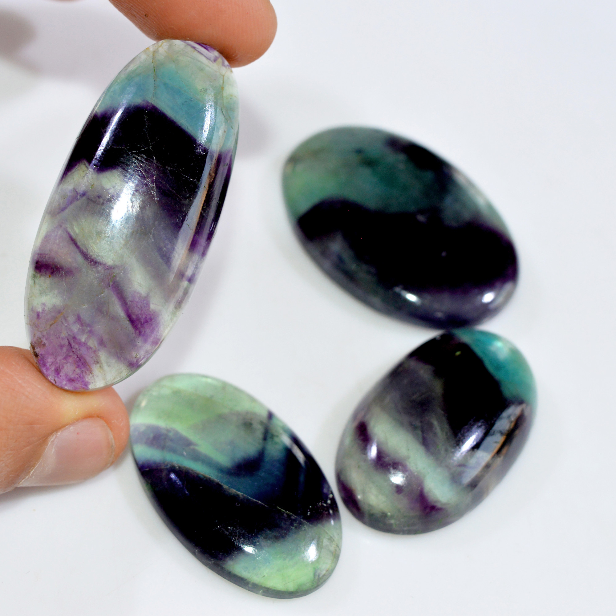4 Pcs 297 Cts Natural Fluorite Cabochon Loose Gemstone Lot Healing Crystal For Jewelry Making Semi-Precious Gemstones 45x18 35x19mm 15223