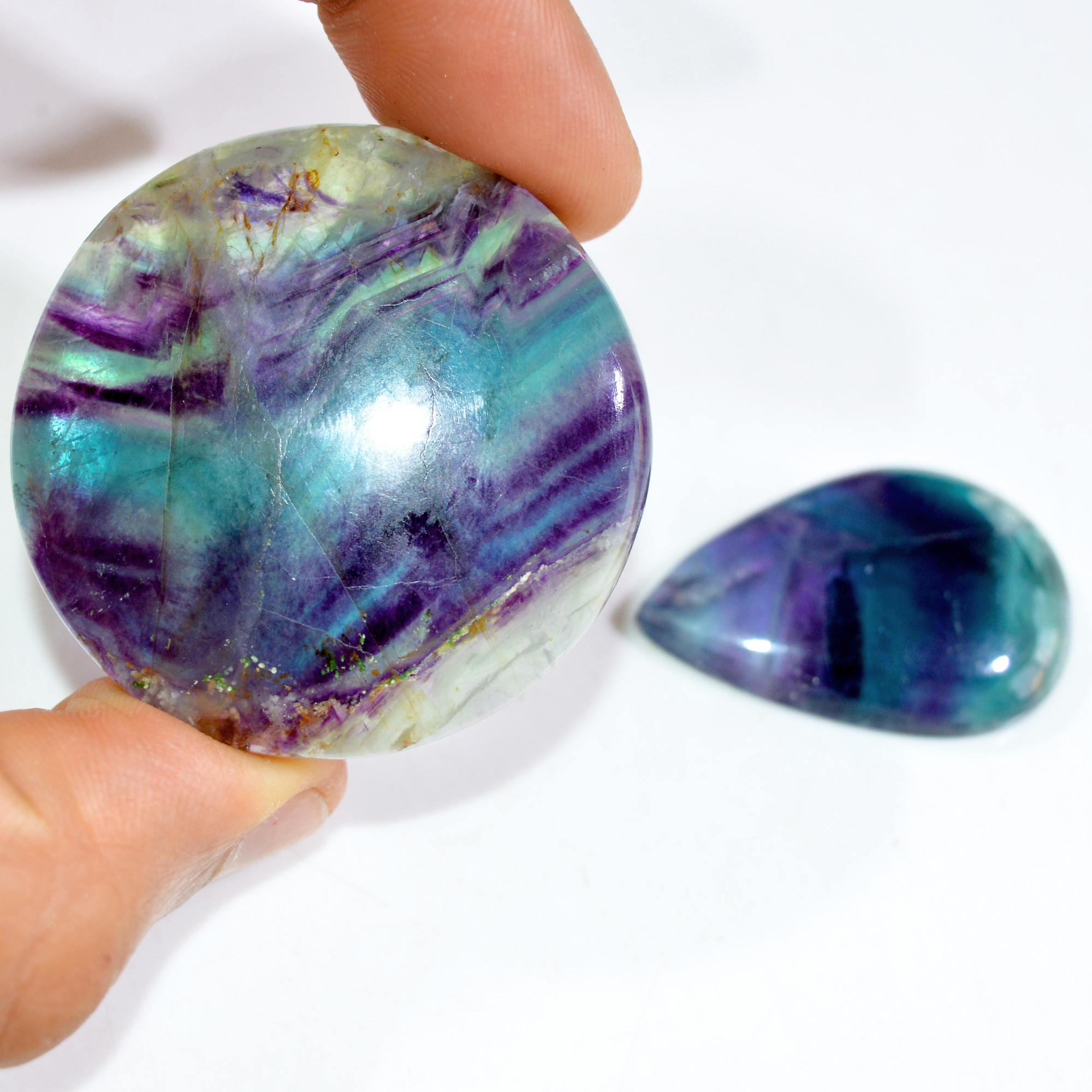 2 Pcs 232 Cts Natural Fluorite Cabochon Loose Gemstone Lot Healing Crystal For Jewelry Making Semi-Precious Gemstones 43x43 35x23mm 15224