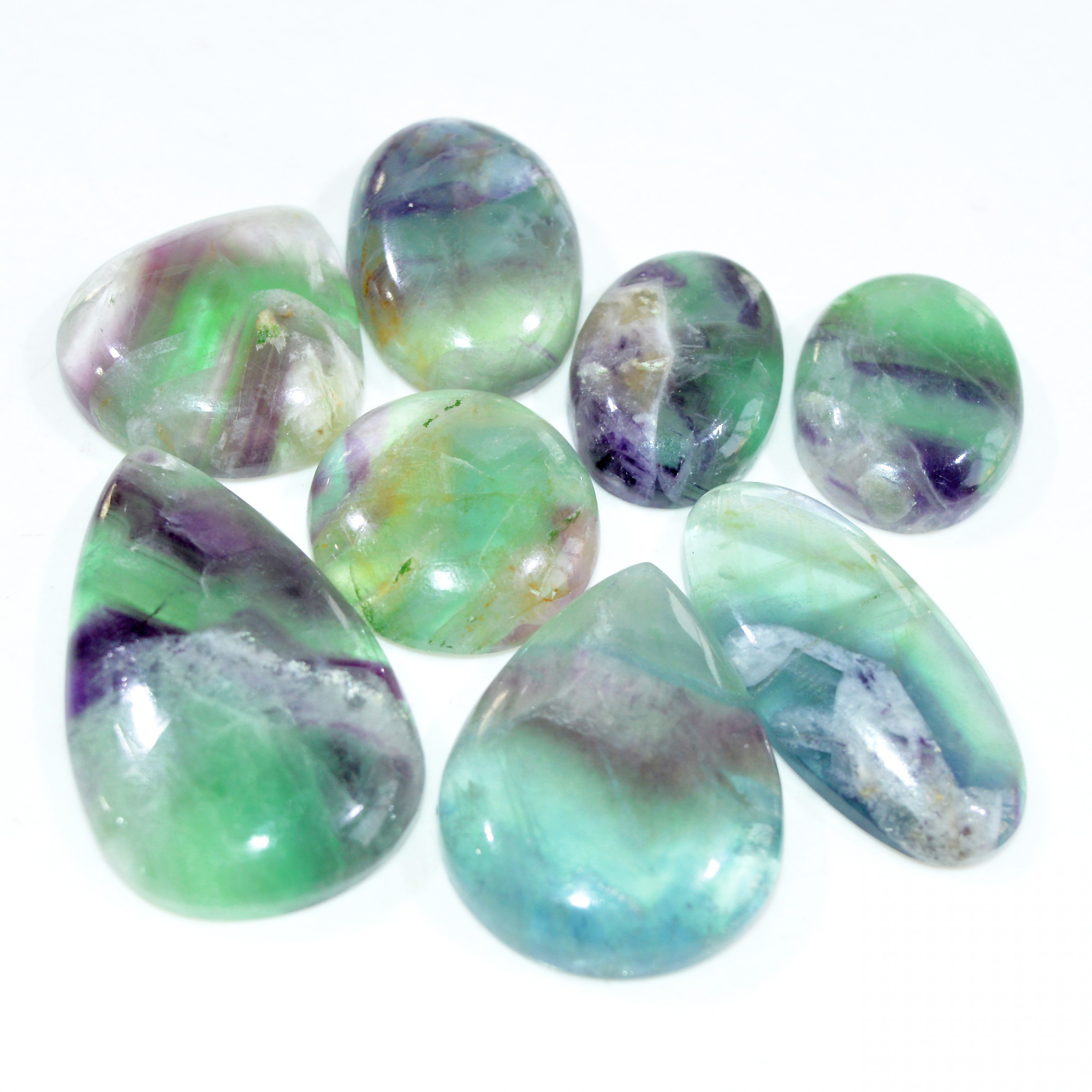 8 Pcs 380 Cts Natural Fluorite Cabochon Loose Gemstone Lot Healing Crystal For Jewelry Making Semi-Precious Gemstones 40x23 20x20mm 15226